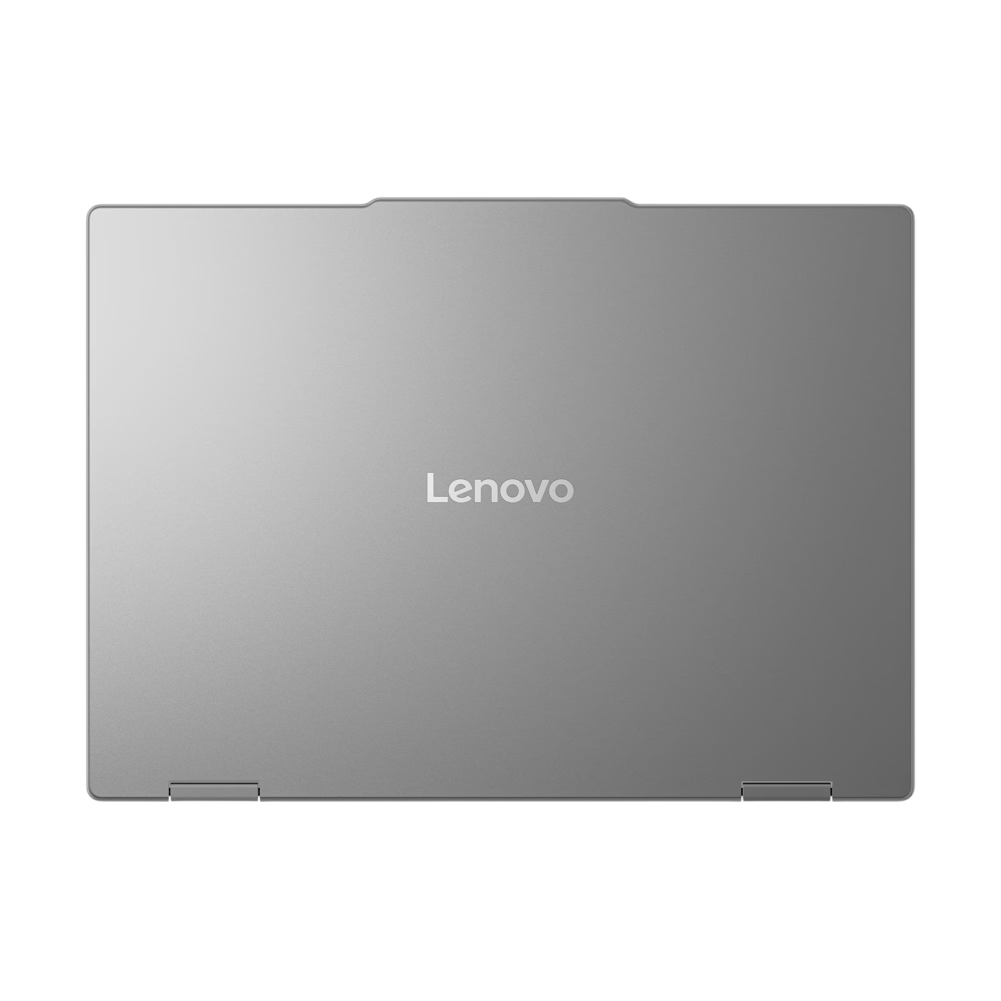 Geschlossener silberner Lenovo Laptop, Ansicht von oben, auf schwarzem Hintergrund.