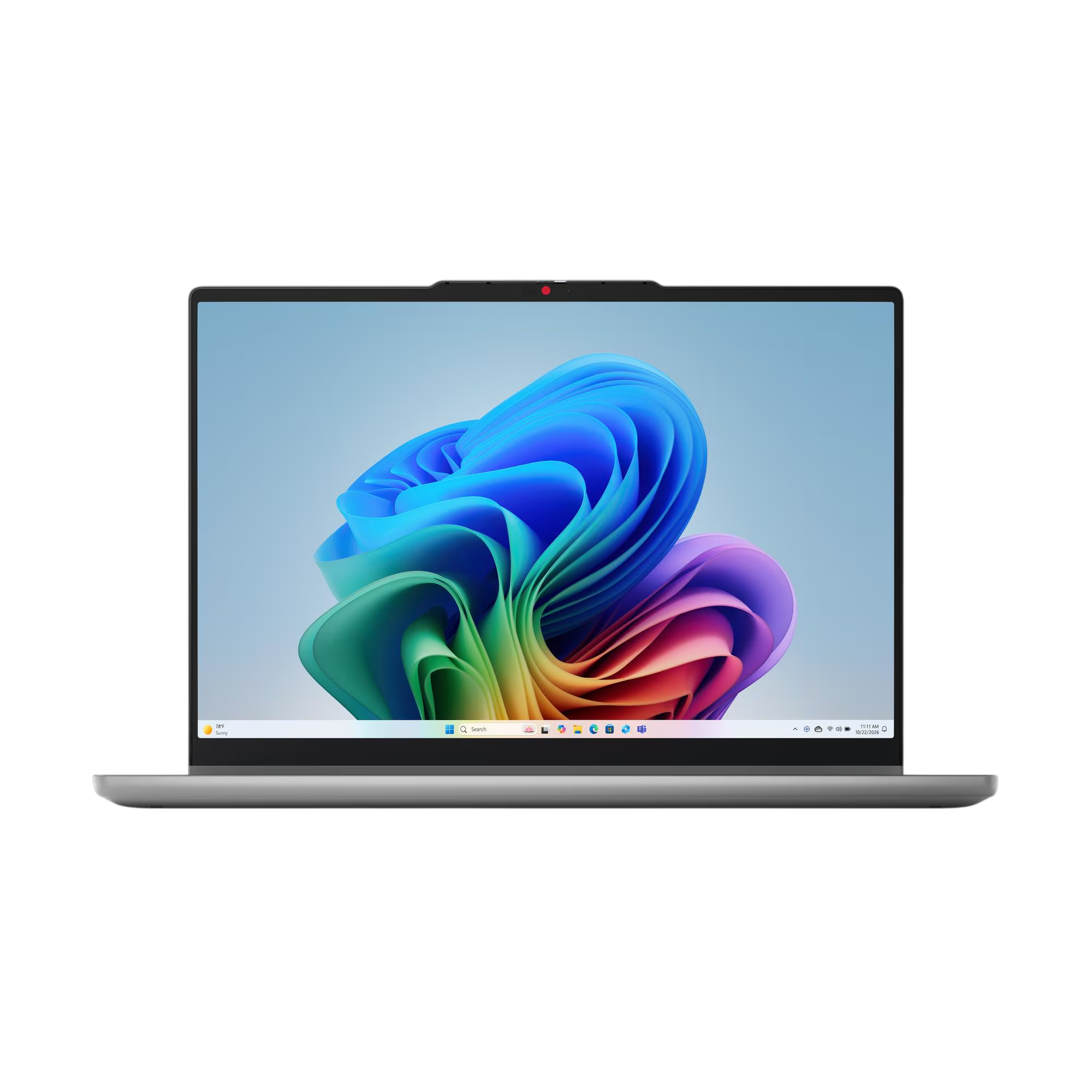 Ein Laptop mit einem bunten Windows 11-Hintergrund und einer Suchleiste.