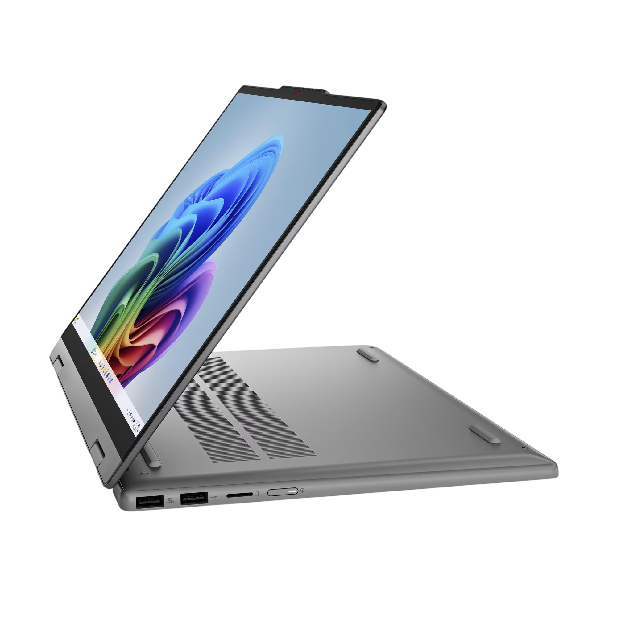 Ein geöffneter silberner Laptop mit einem farbenfrohen Hintergrundbild auf dem Bildschirm.