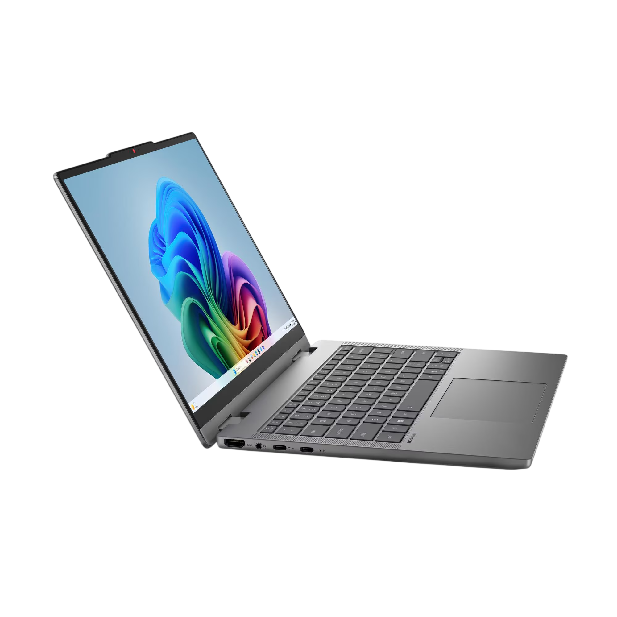 Ein silberner Laptop mit geöffnetem Bildschirm, der ein buntes Hintergrundbild zeigt.