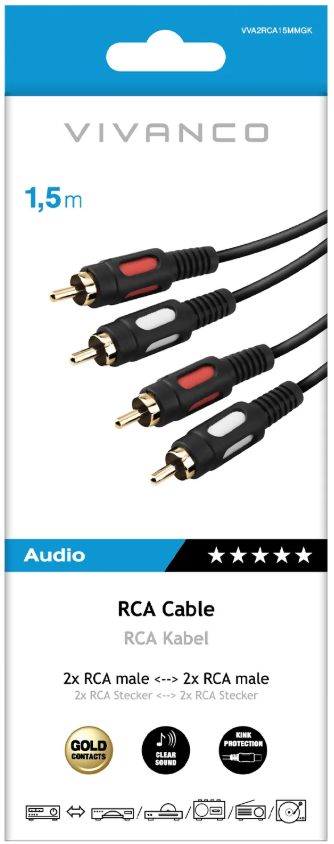 Ein 1,5m langes RCA-Audiokabel mit zwei männlichen Anschlüssen.