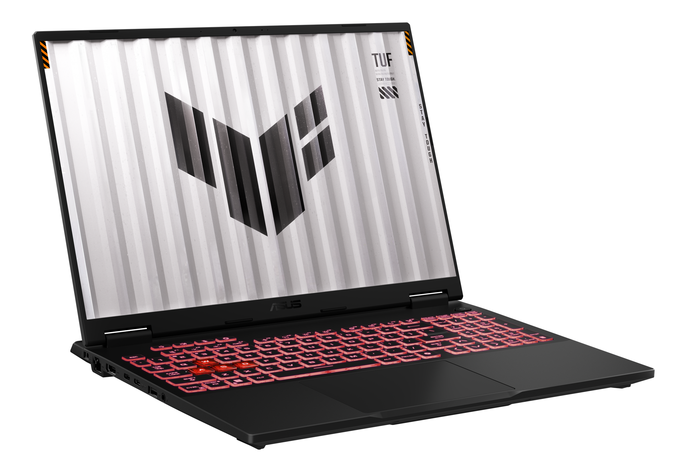 Ordinateur portable noir ouvert avec clavier rouge illuminé et logo TUF à l'écran.