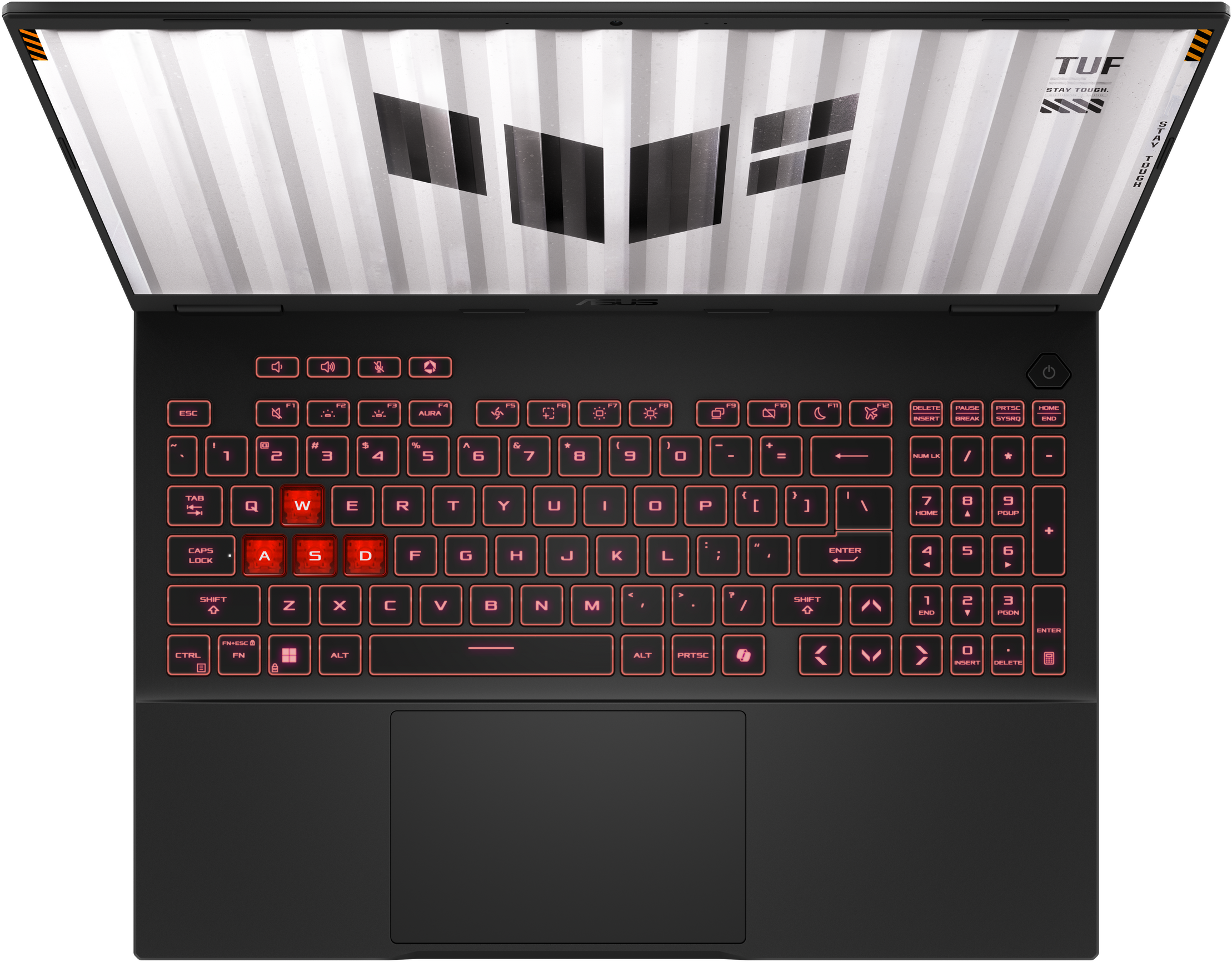 Un ordinateur portable ouvert avec clavier rétroéclairé et logo TUF sur l'écran.