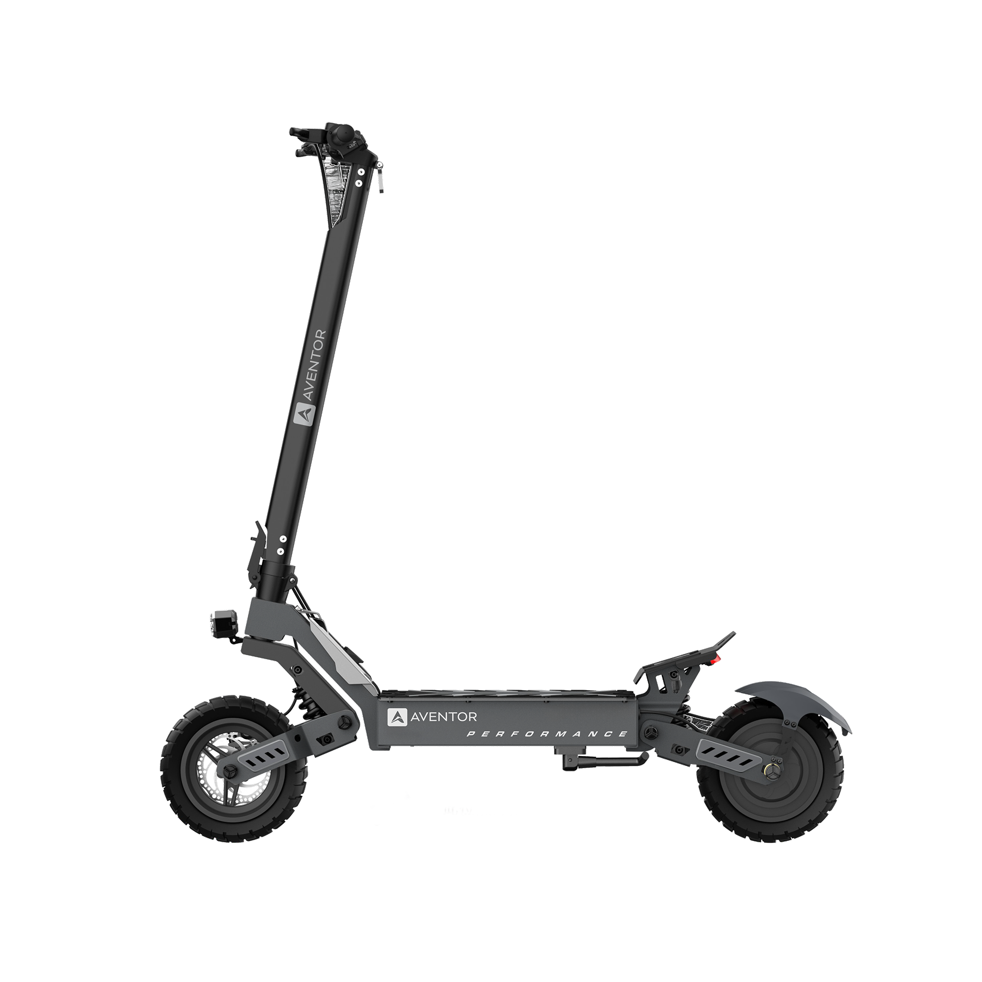 Büyük lastikli ve süspansiyonlu gri Aventor Performance elektrikli scooter.