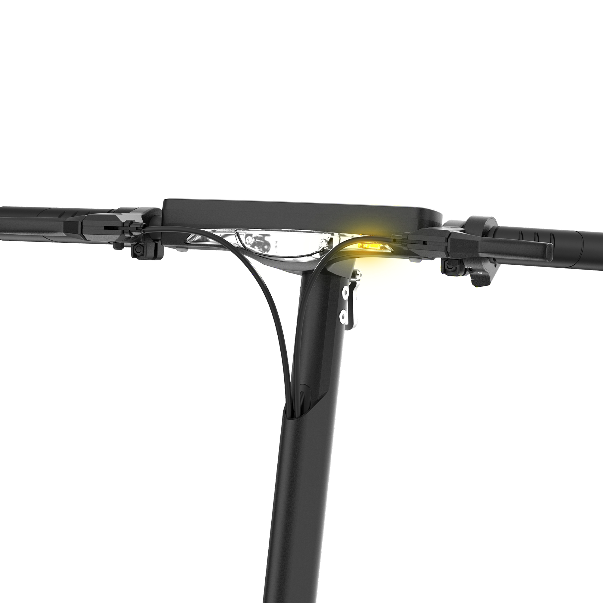 Sarı sinyal ışığı ve kabloları olan siyah scooter gidonu.