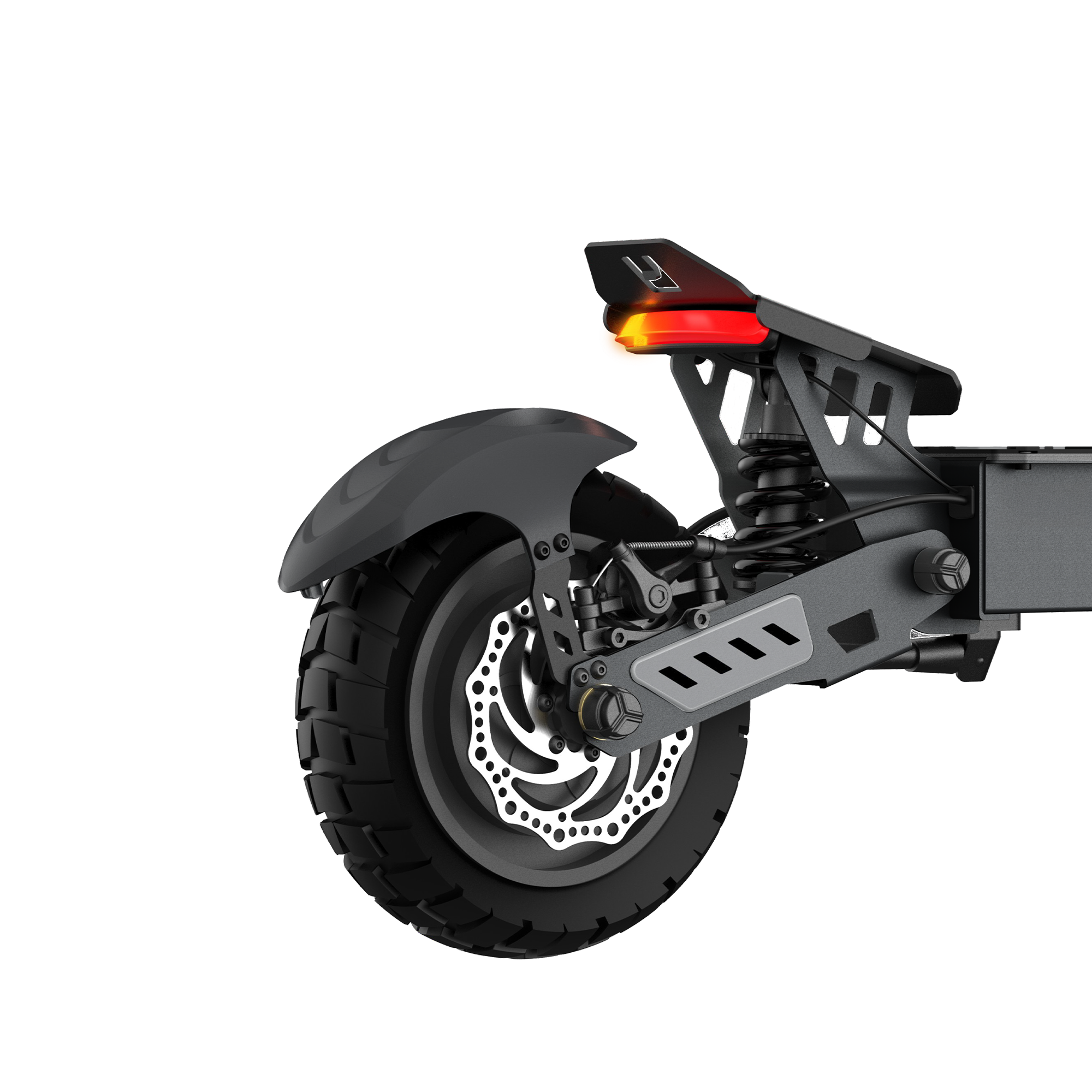 Kırmızı arka lambalı elektrikli scooter'ın arka tekerleği ve süspansiyonunun yakın çekimi.