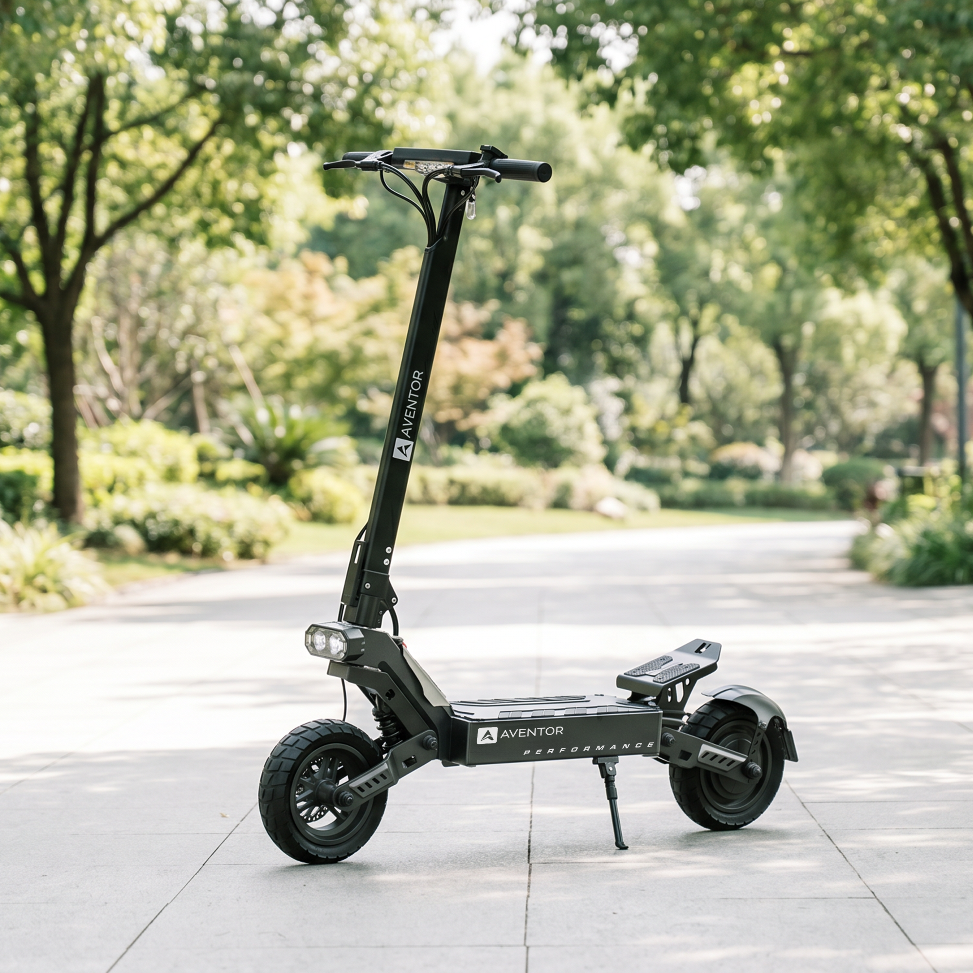 Çift farlı siyah bir Aventor elektrikli scooter parkta parke bir yolda duruyor.