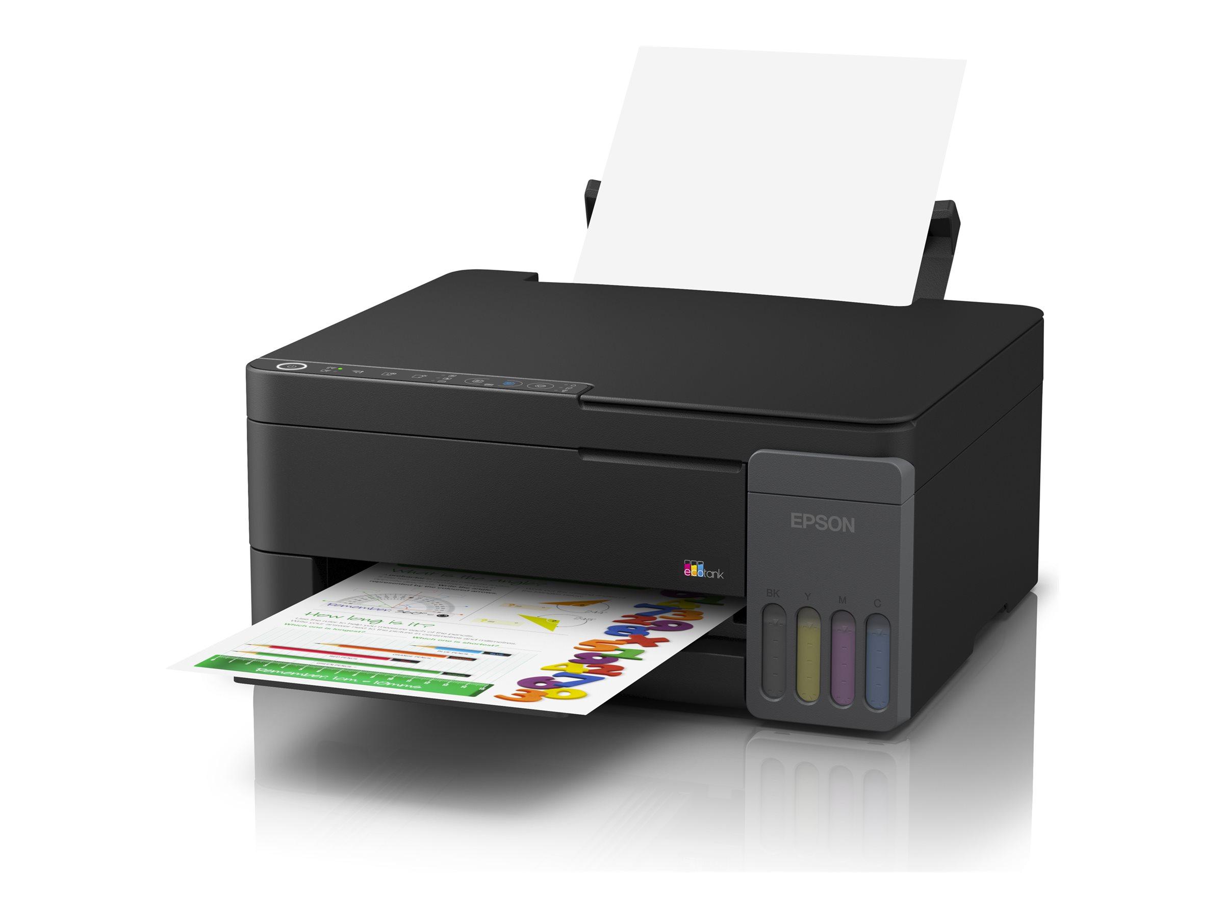 Ein schwarzer Epson EcoTank Drucker mit Papier und bunten Zahlen.