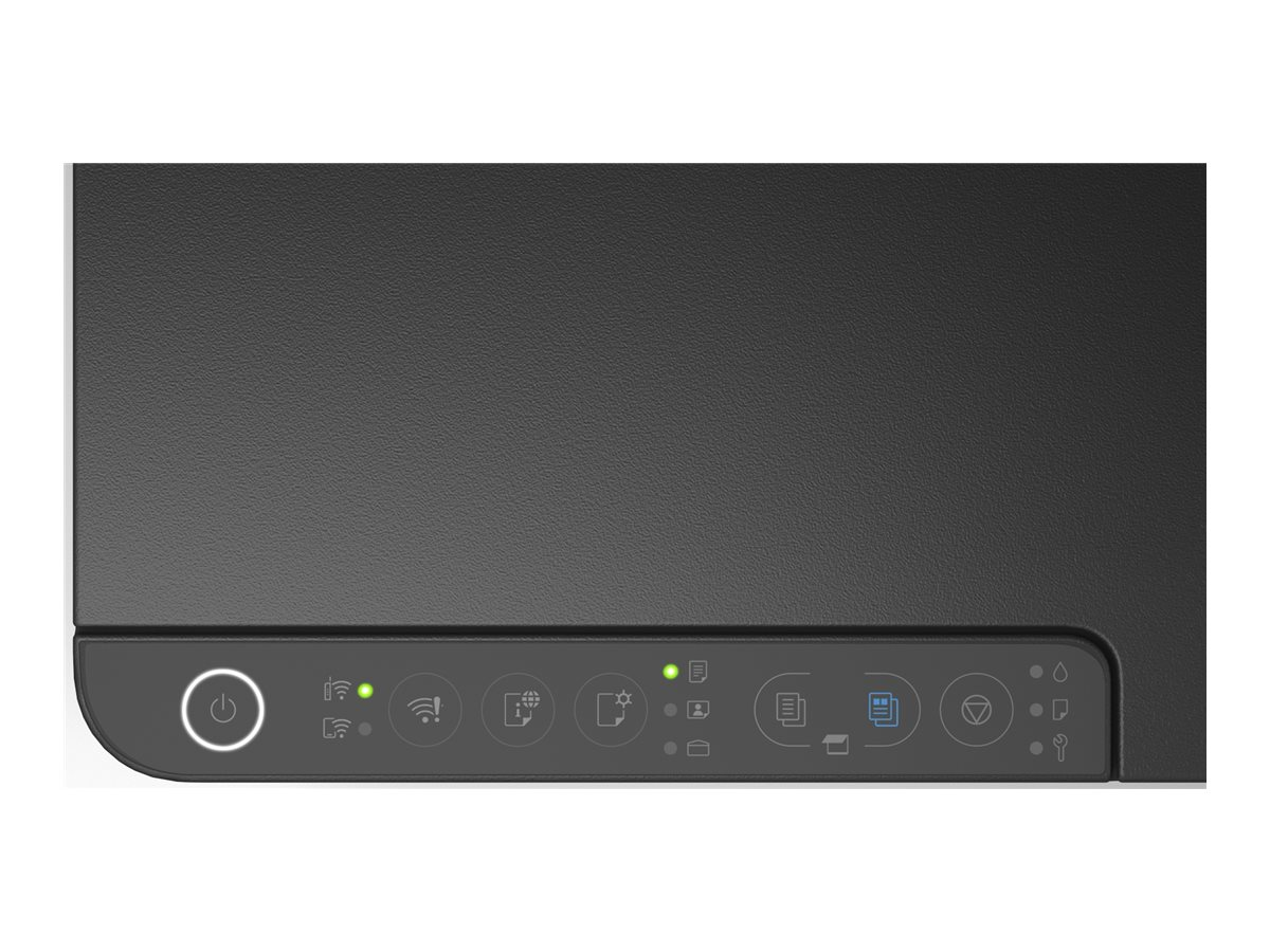 Ein schwarzer Drucker mit einem Bedienfeld mit Symbolen für Strom, WLAN und Drucken.