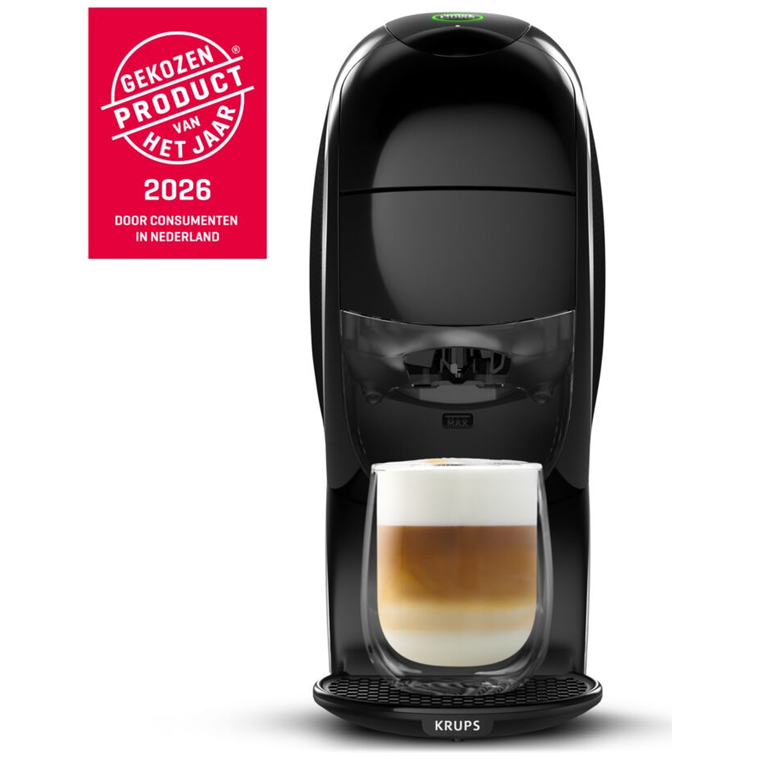 Zwarte koffiemachine met glas latte macchiato en 'Gekozen Product van het Jaar 2026' zegel.