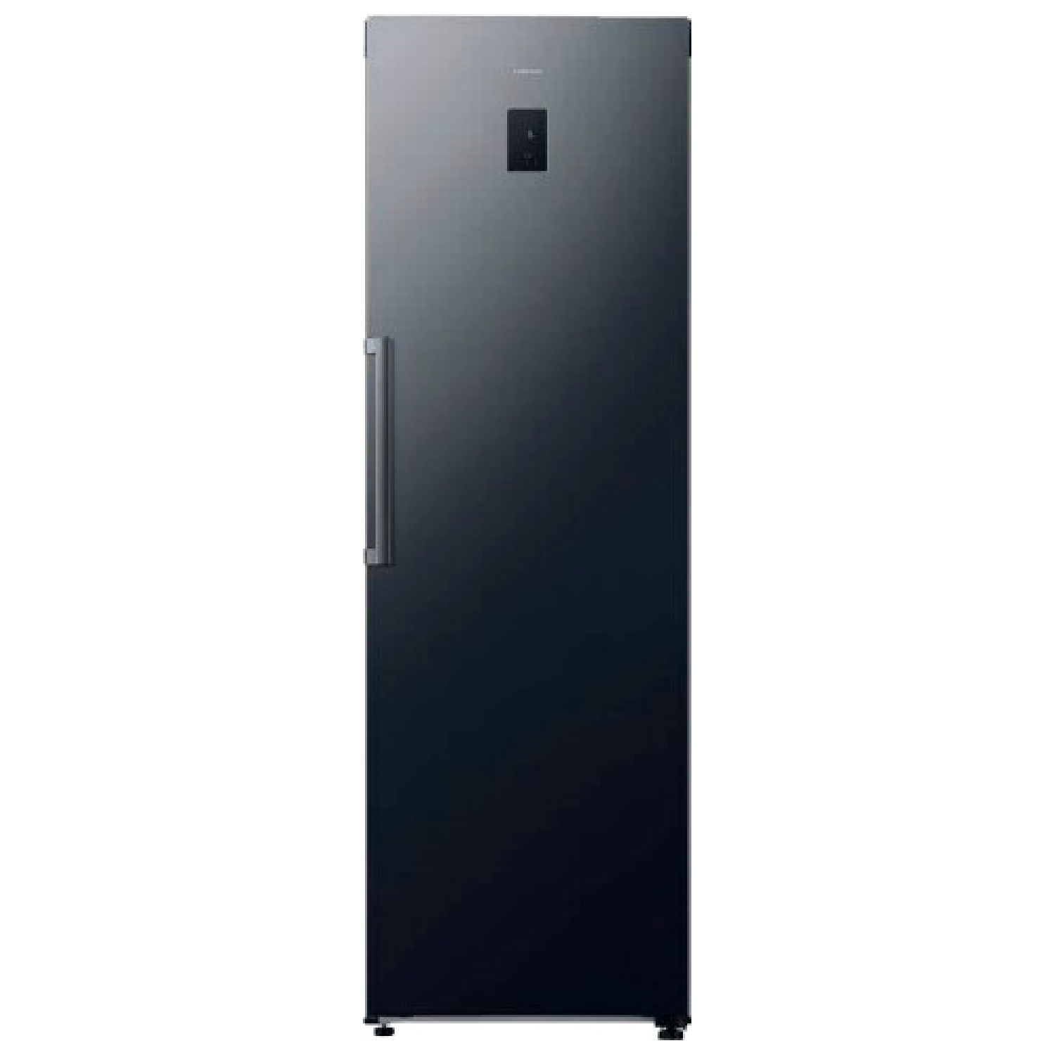Un refrigerador alto y oscuro con un asa plateada y un panel de control en la parte superior.