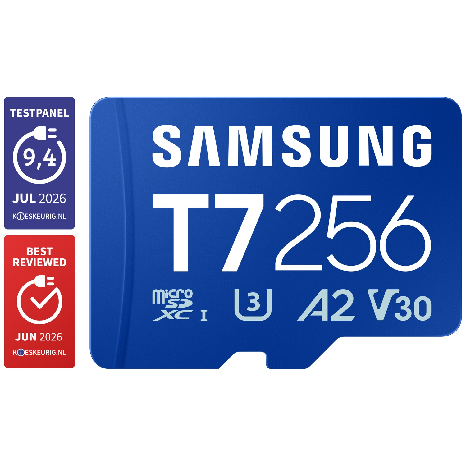 Samsung T7 256GB MicroSDXC card with Testpanel and Best Reviewed seals.