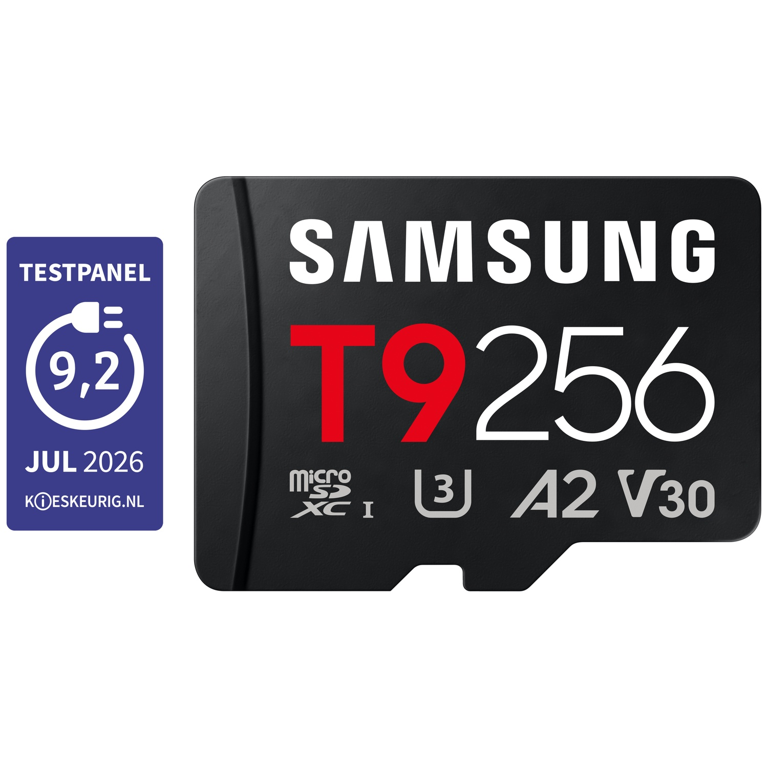 Samsung T9 256GB microSD card with test panel rating 9.2, expires July 2026.