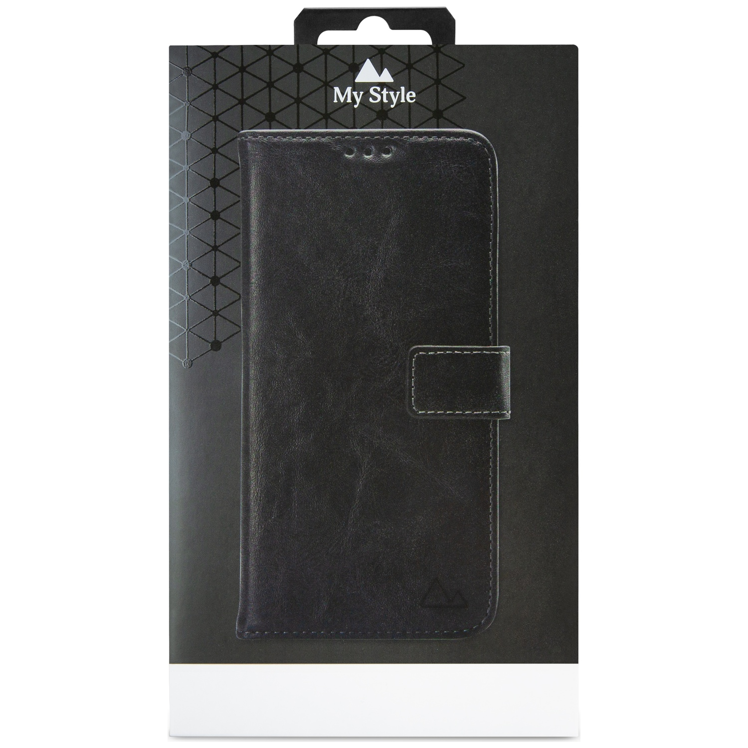 Étui portefeuille en cuir noir pour téléphone avec logo "My Style" sur emballage sombre.
