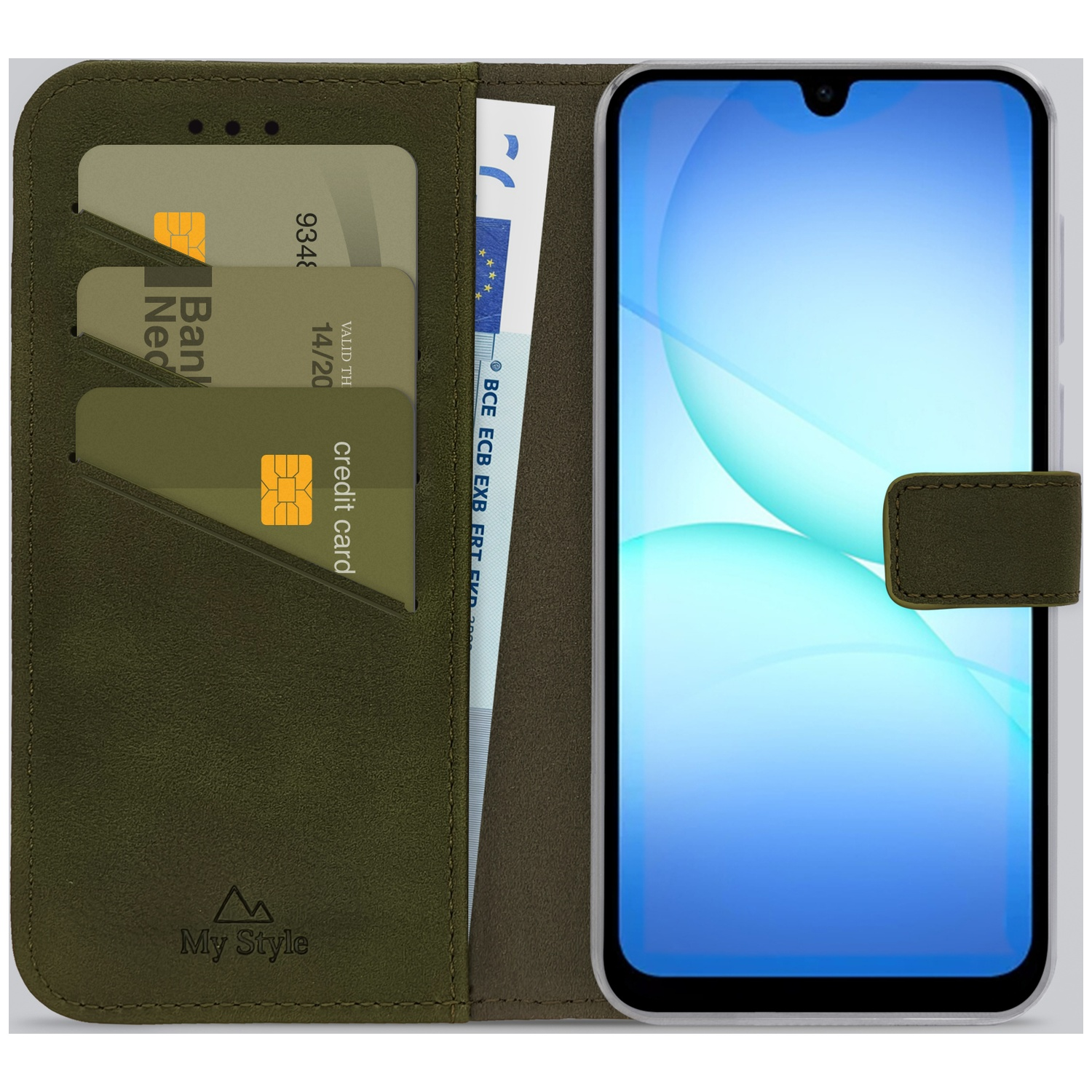 Un portefeuille vert avec billets et cartes de crédit tenant un smartphone.