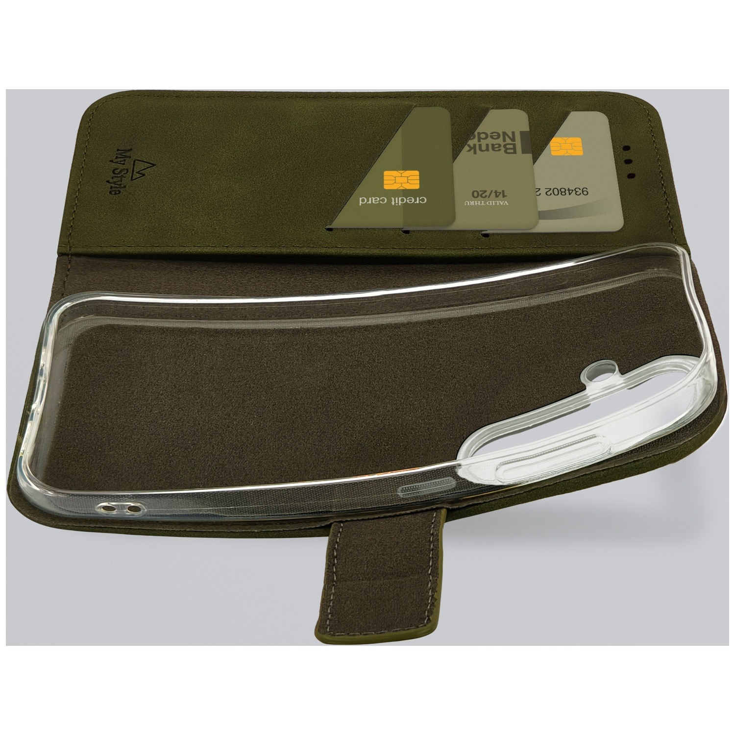 Étui portefeuille vert olive ouvert avec support de téléphone transparent. Deux cartes insérées.