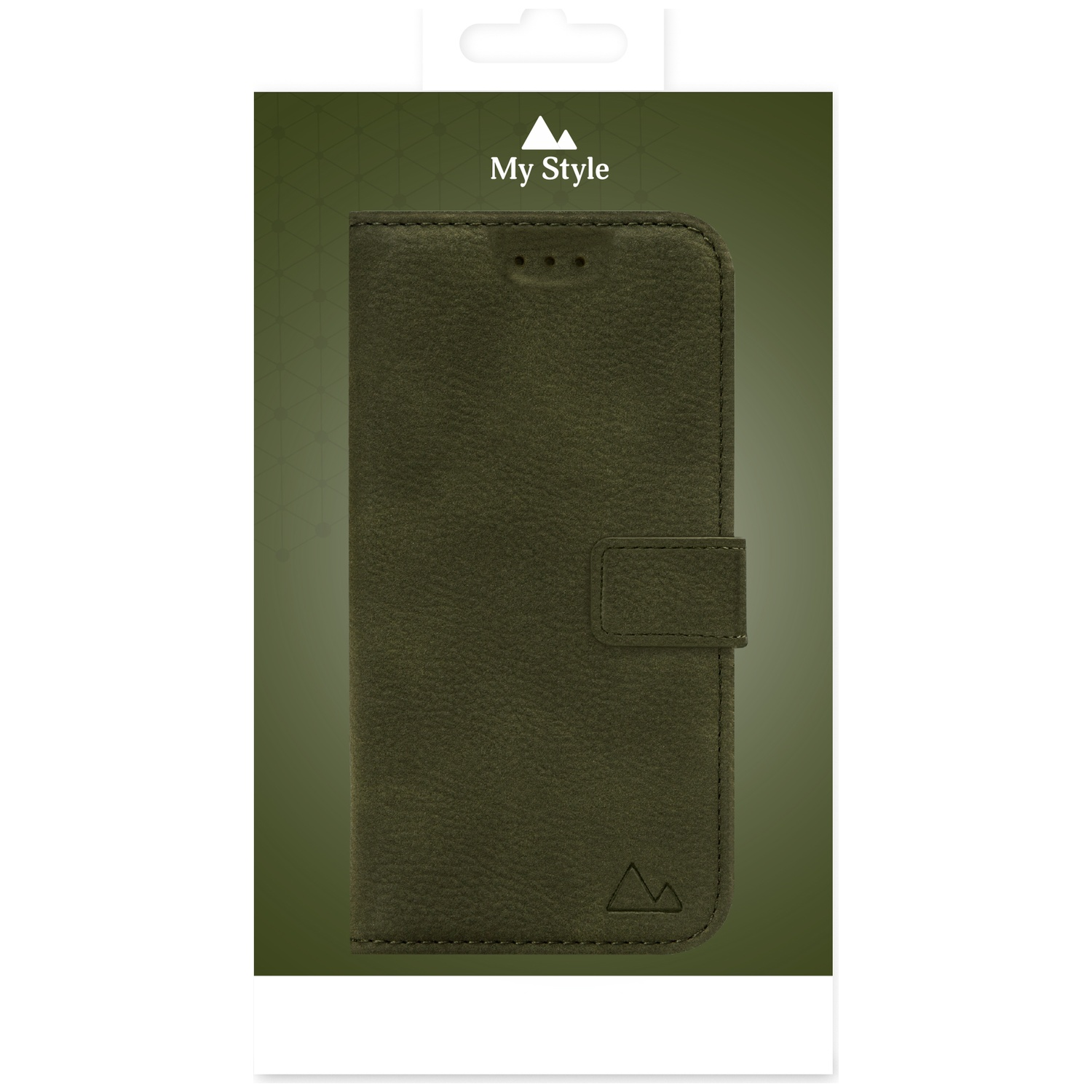 Étui portefeuille vert foncé pour téléphone avec fermeture magnétique et logo montagne.