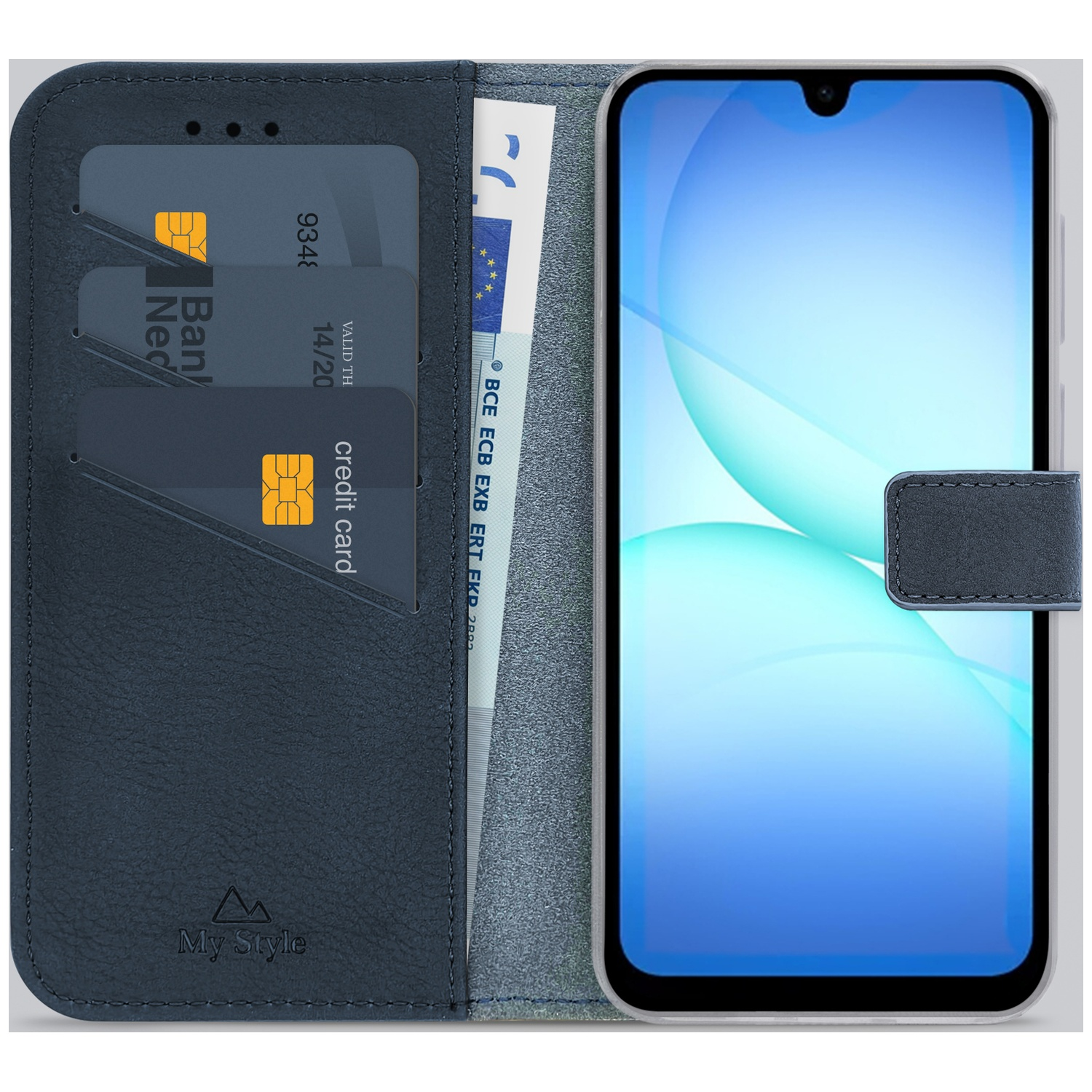 Un étui portefeuille bleu foncé contient des cartes de crédit et de l'argent, avec un téléphone.