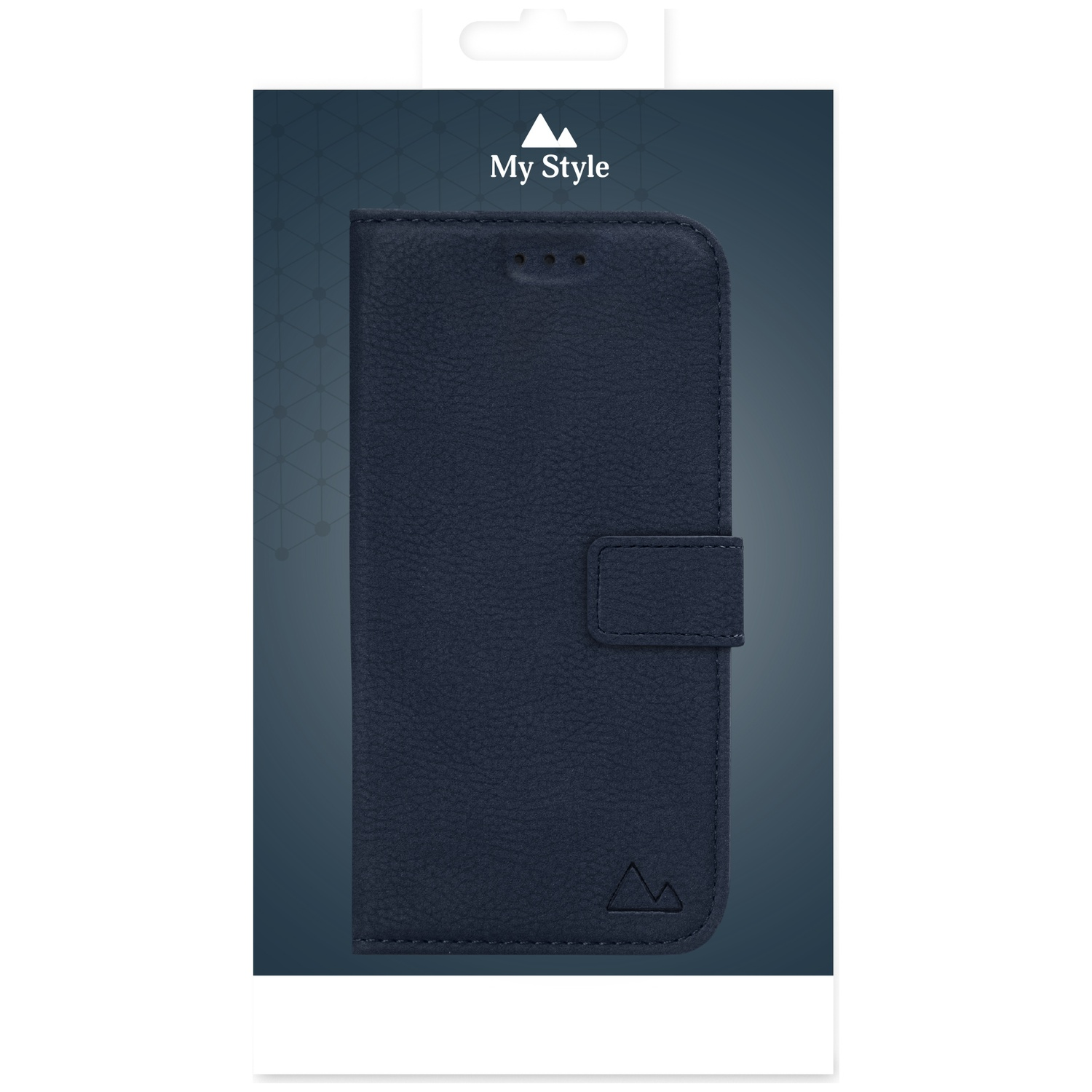 Étui de téléphone à rabat en similicuir bleu foncé avec fermeture à sangle.