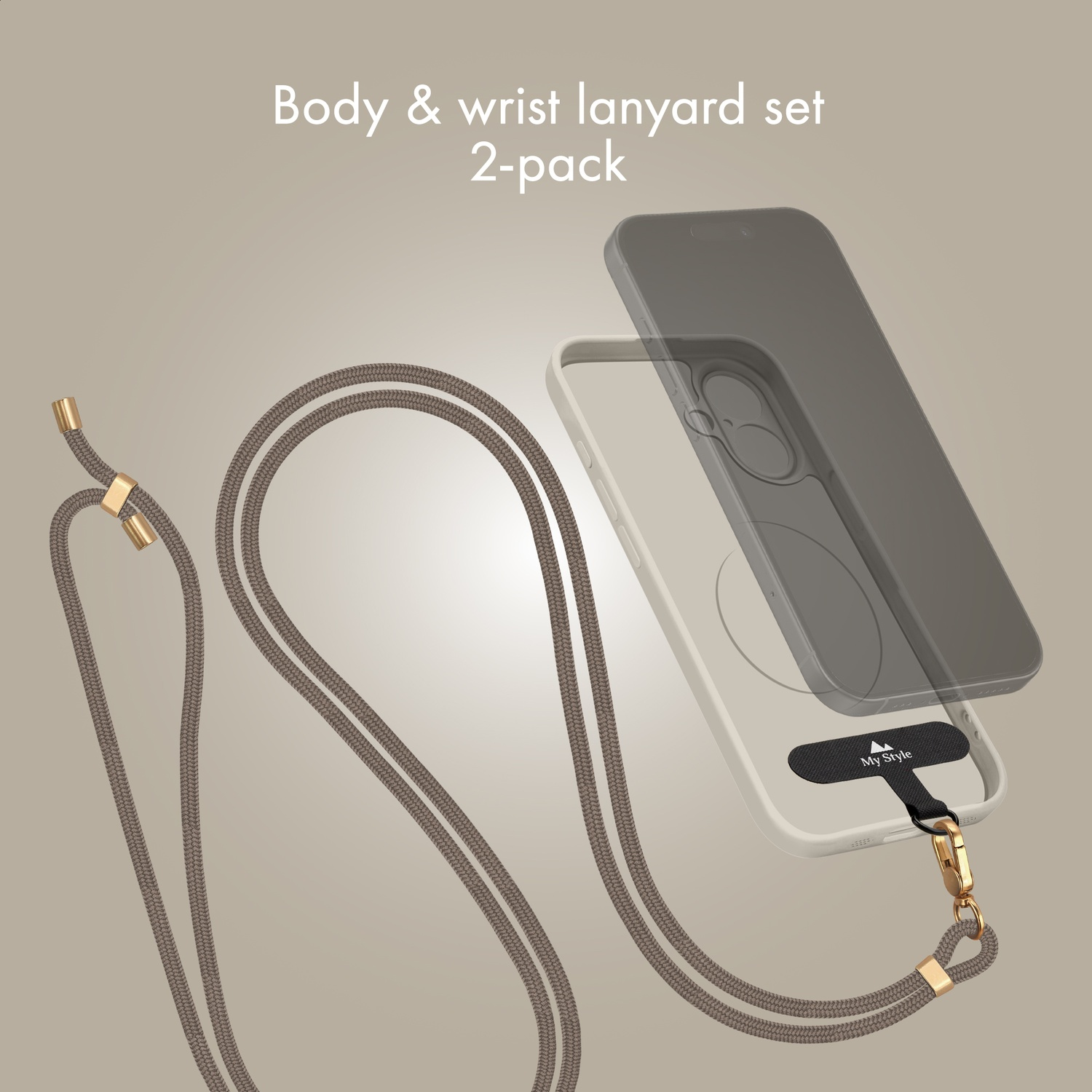Gray lanyard set with gold hardware on a clear phone case.