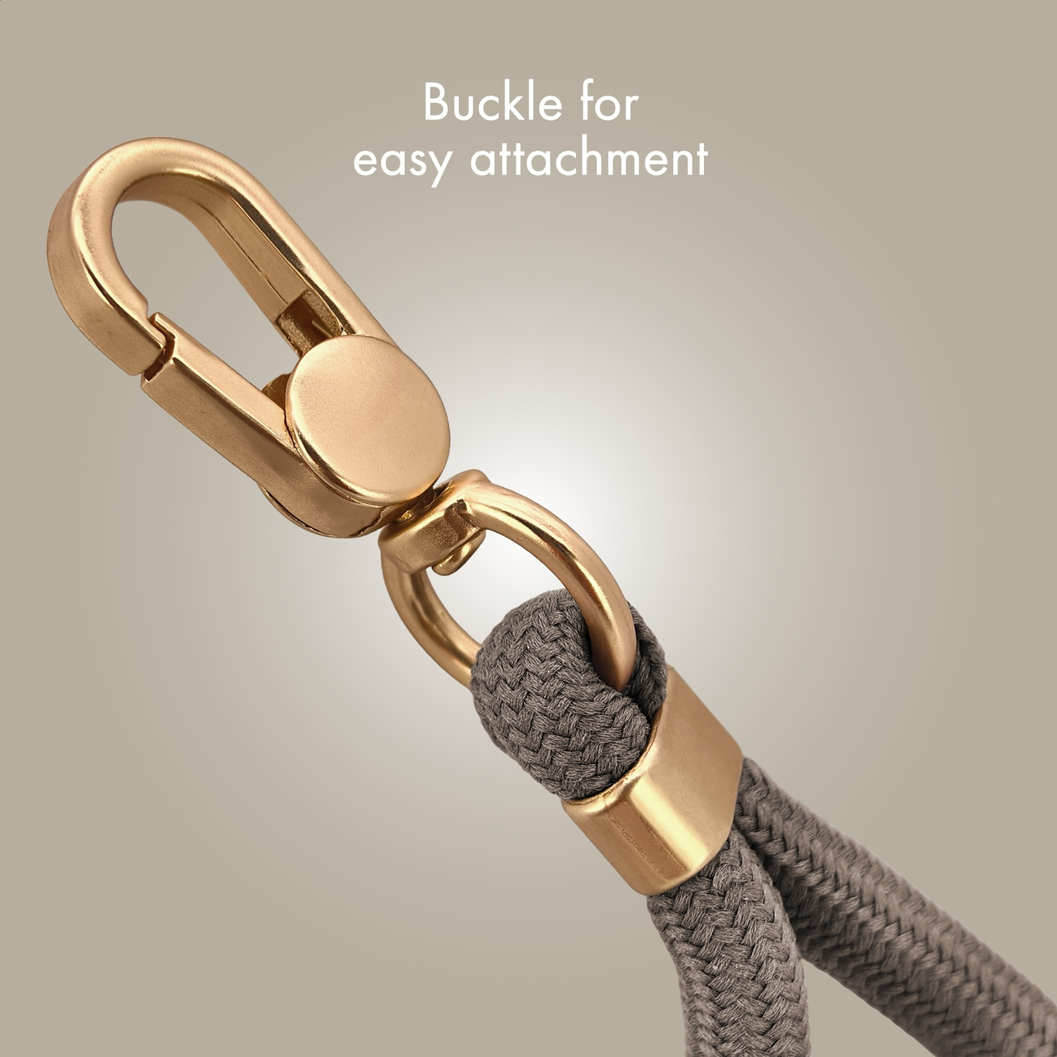 Gold clasp with grey rope, for easy attachment.