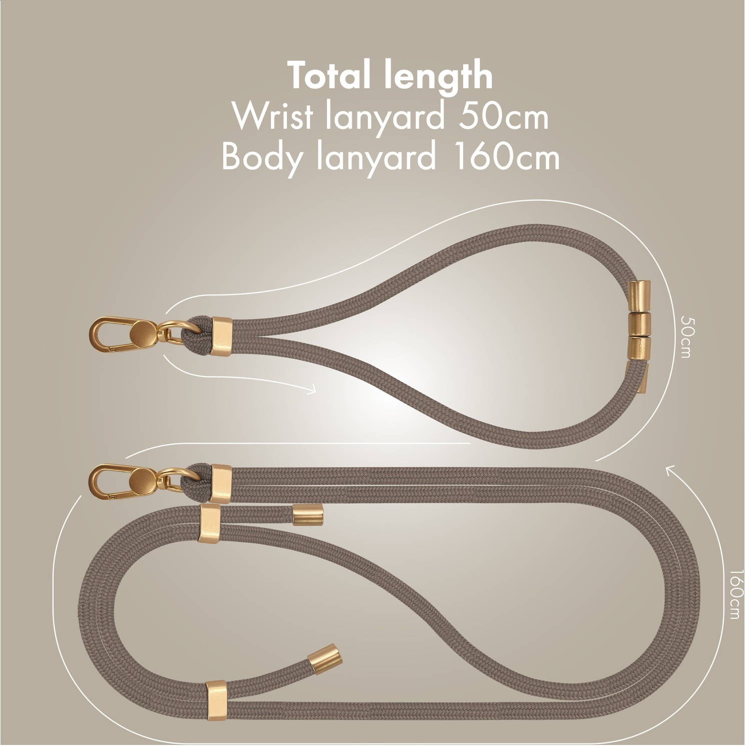 Brown lanyard with gold fittings, 50cm and 160cm long.