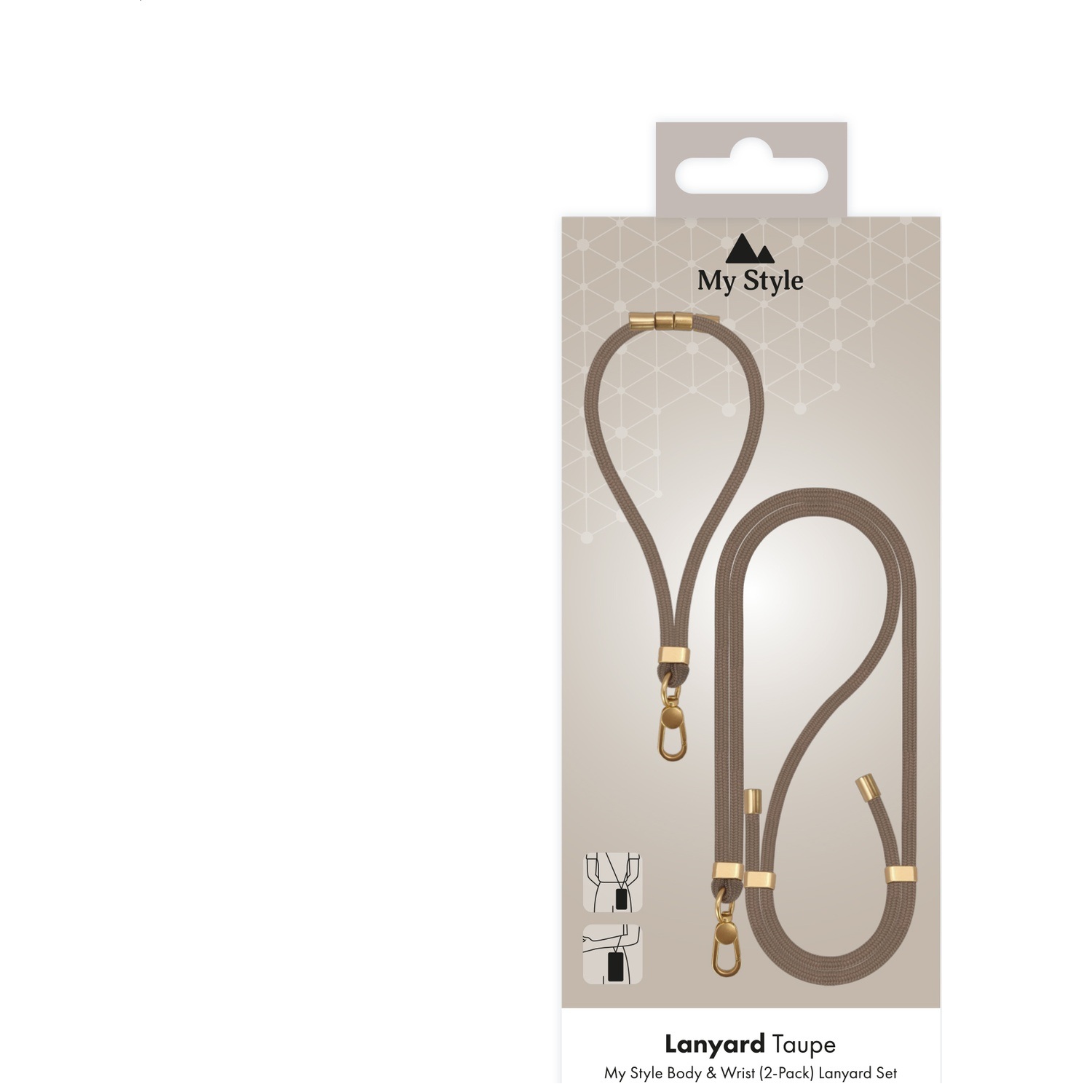 Taupe lanyards with gold hardware on packaging.