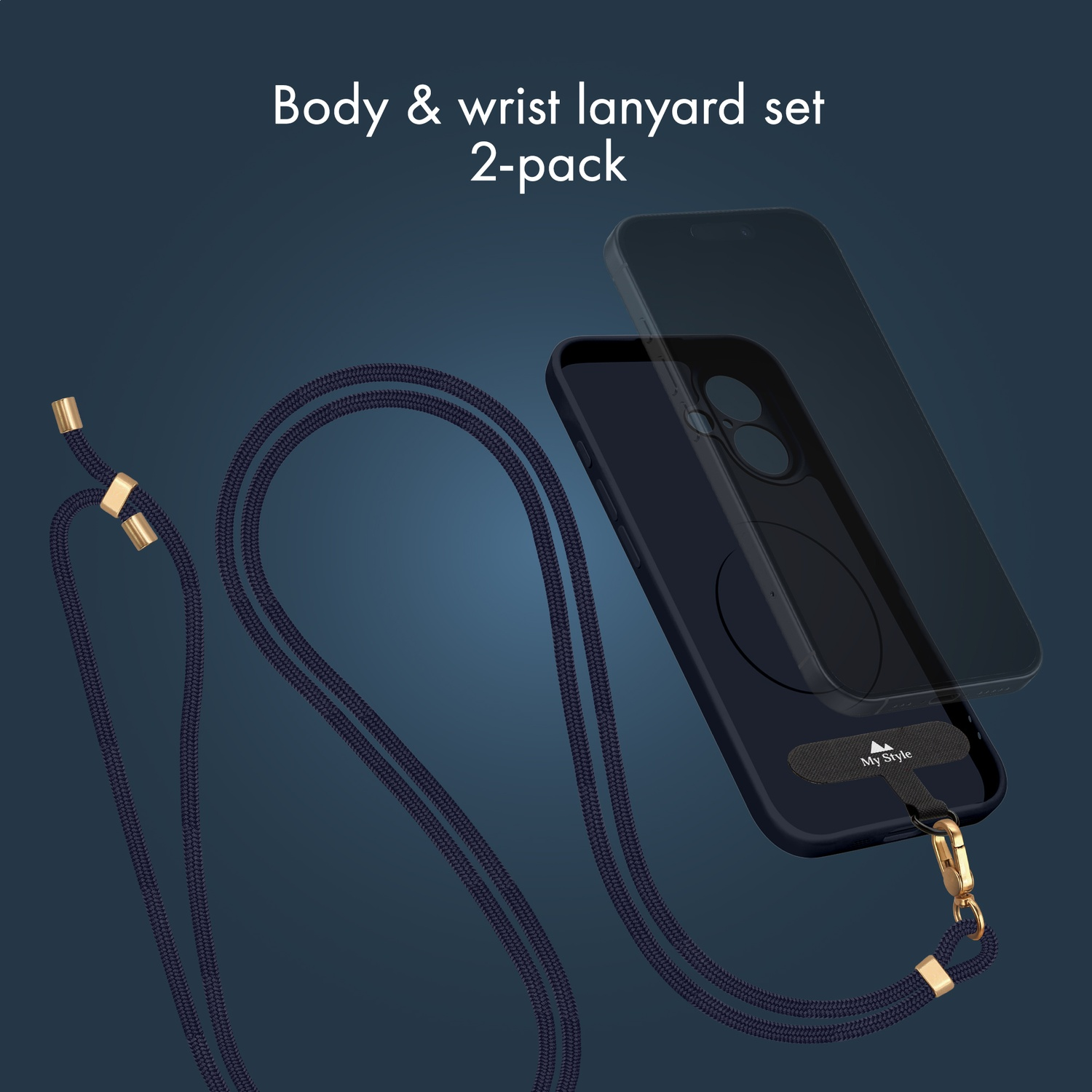 Dark blue lanyard set with gold accents attached to a dark phone case.