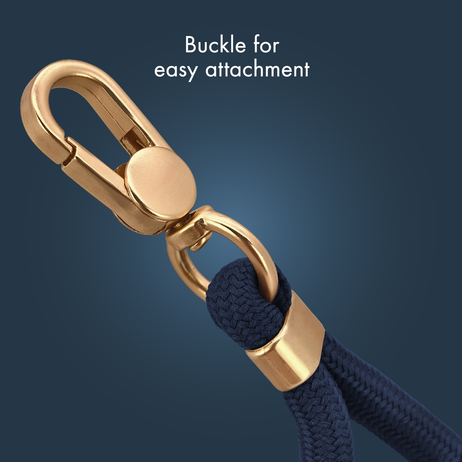 Gold clasp and dark blue rope with gold fitting. Buckle for easy attachment.