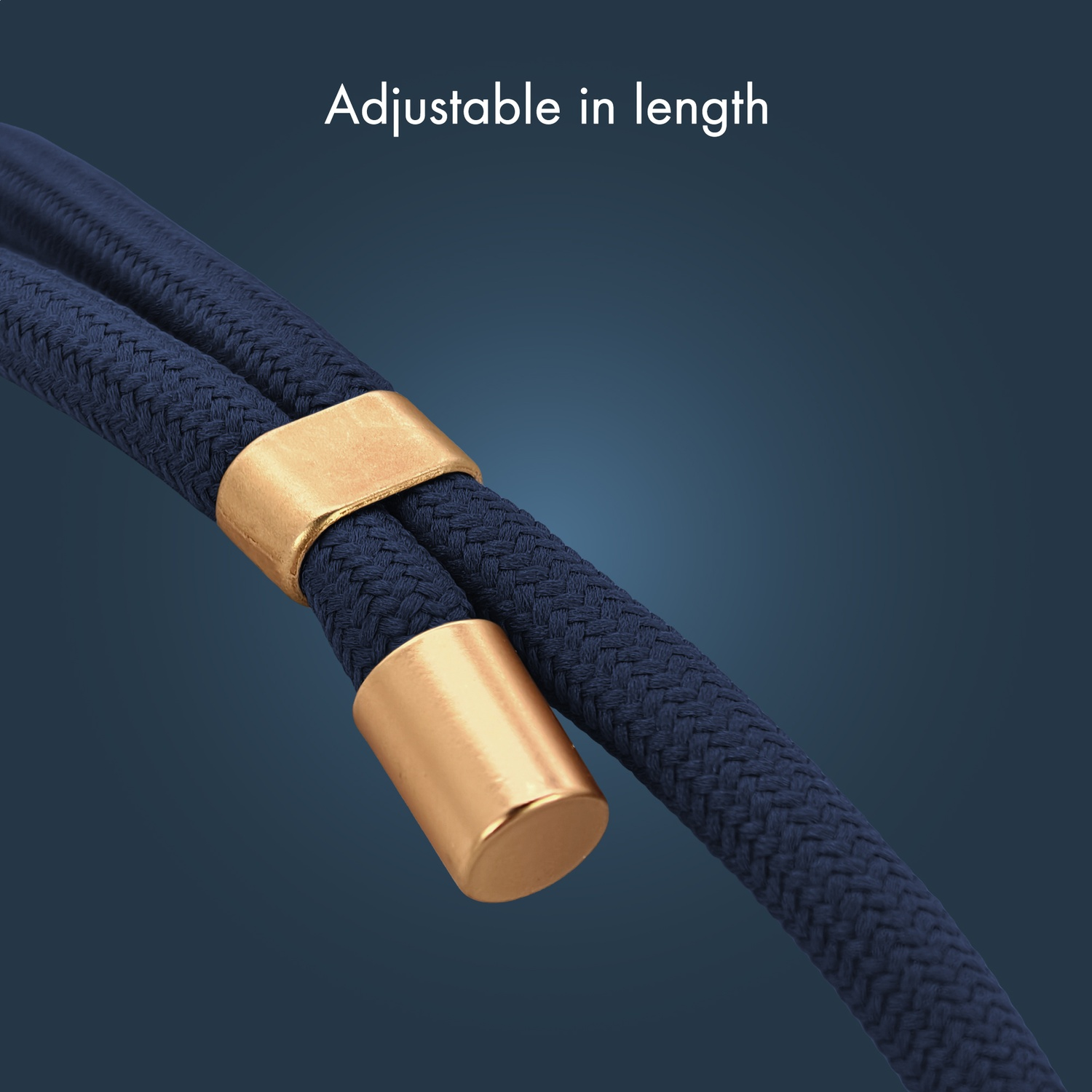 Dark blue cord with gold end caps, adjustable in length.