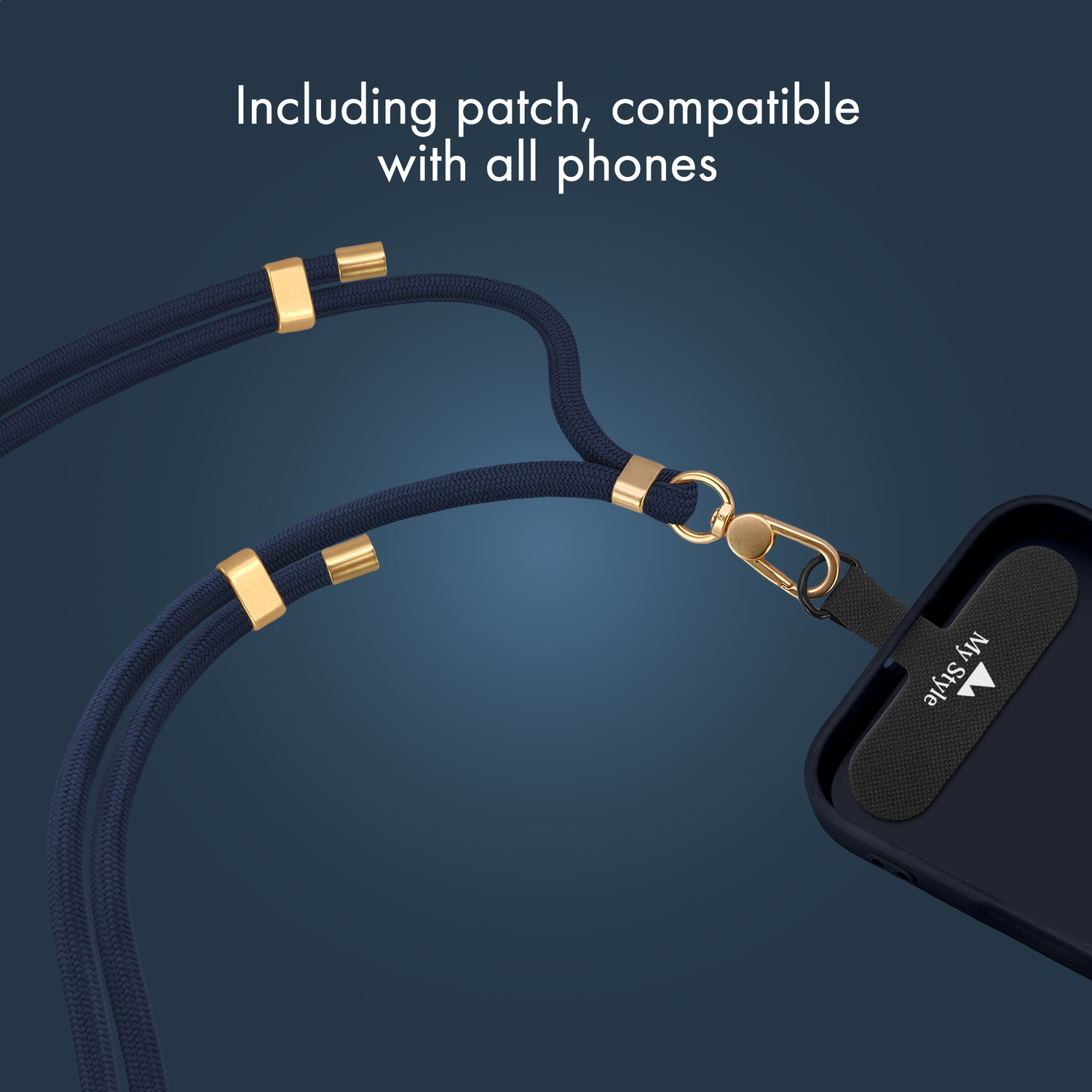 Dark blue lanyard with gold accents and phone holder.