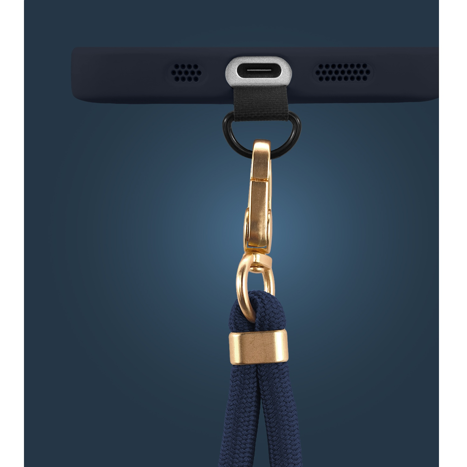 Dark blue lanyard with gold clasp attached to a dark blue smartphone.