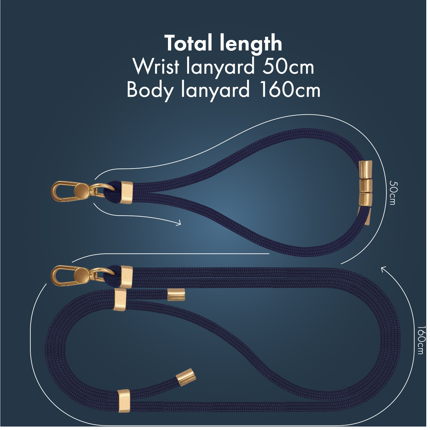 Dark blue lanyards: 50cm wrist and 160cm body. Gold clasps.