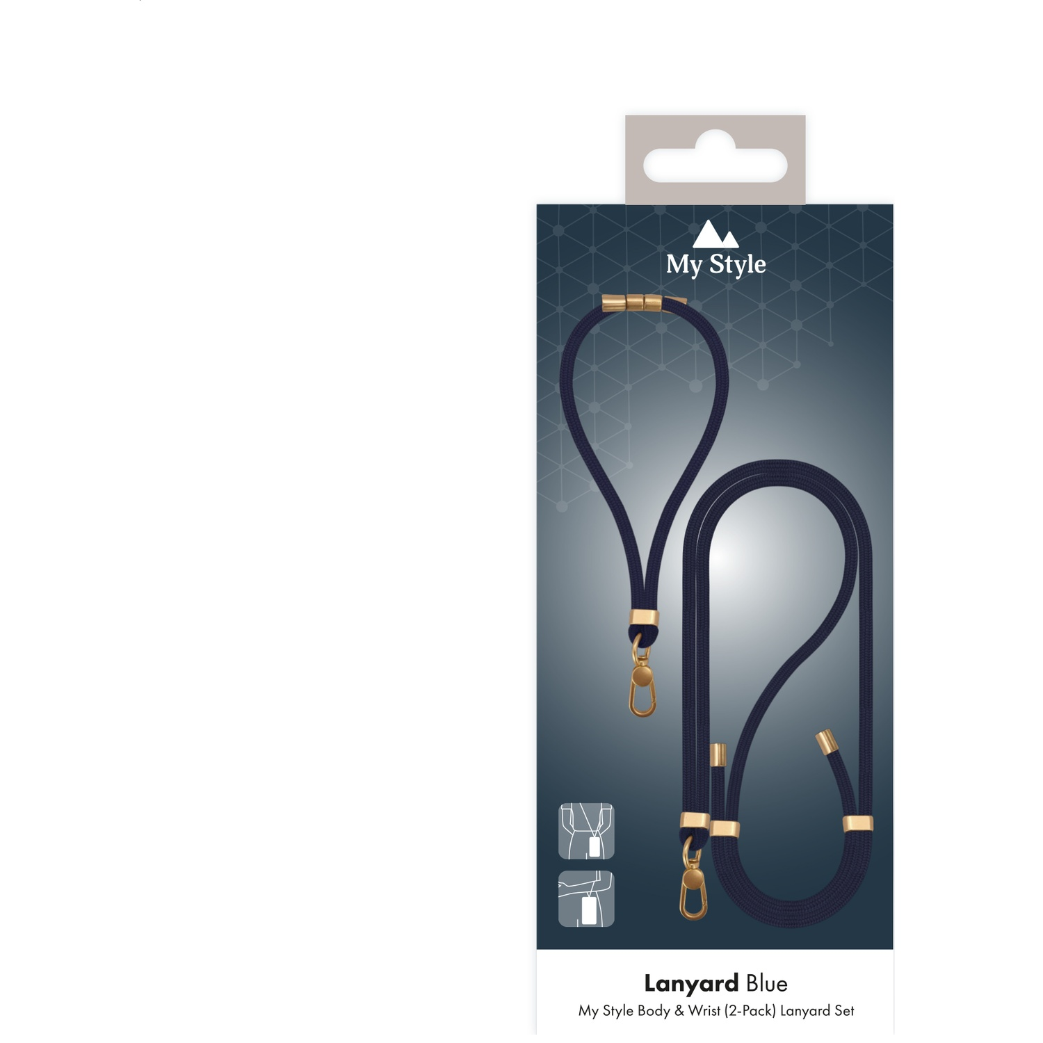Dark blue lanyards with gold accents on packaging.