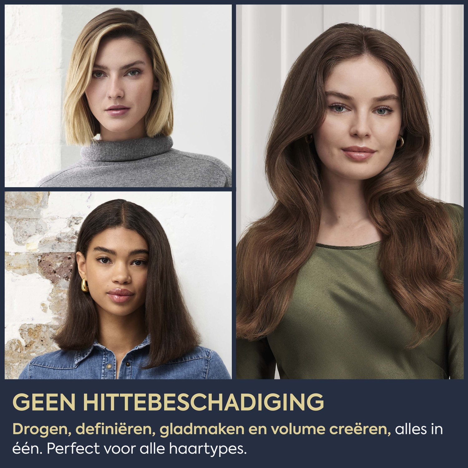 Three women with different hairstyles and skin tones.