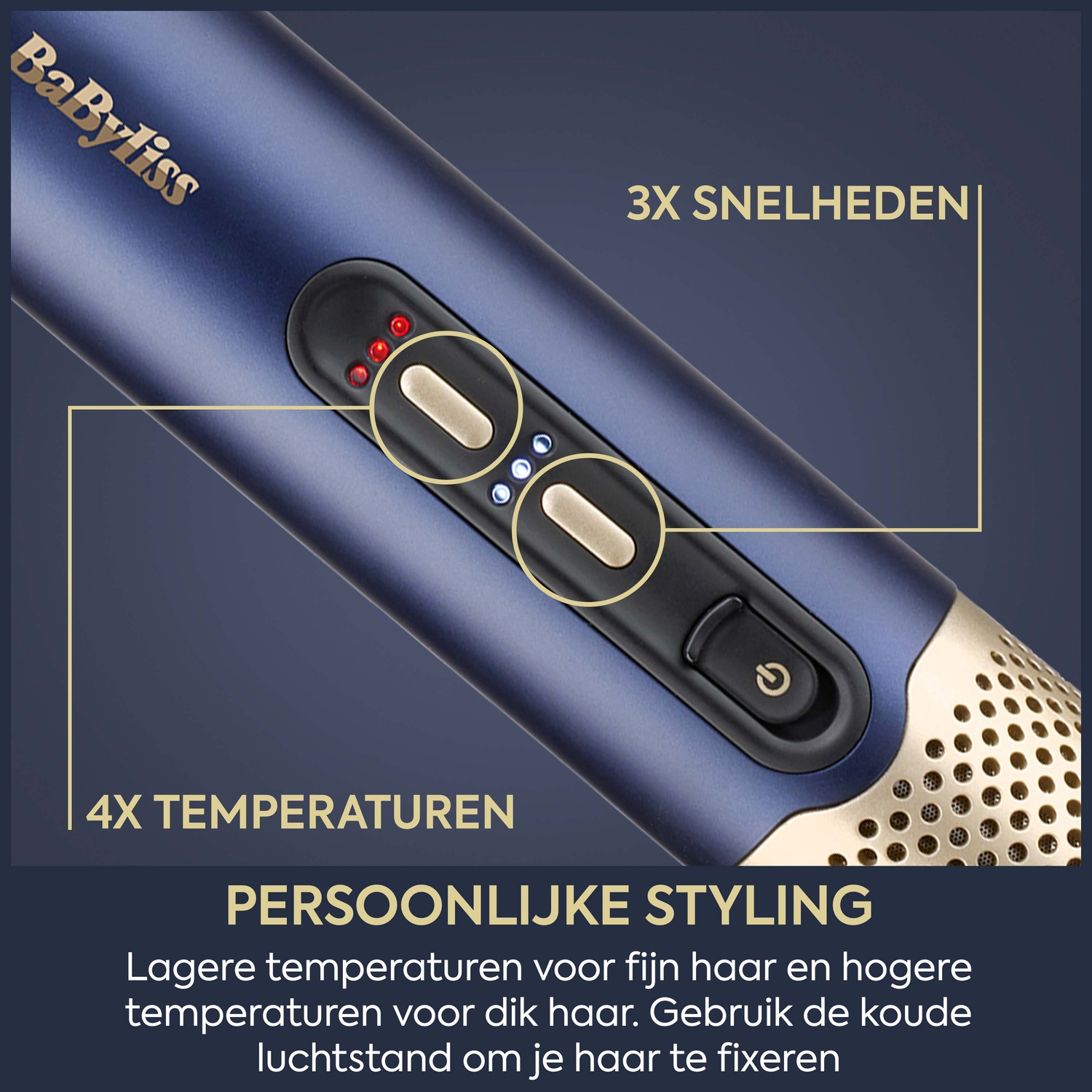 Dark blue hair dryer detail showing controls and labels for speed and heat.