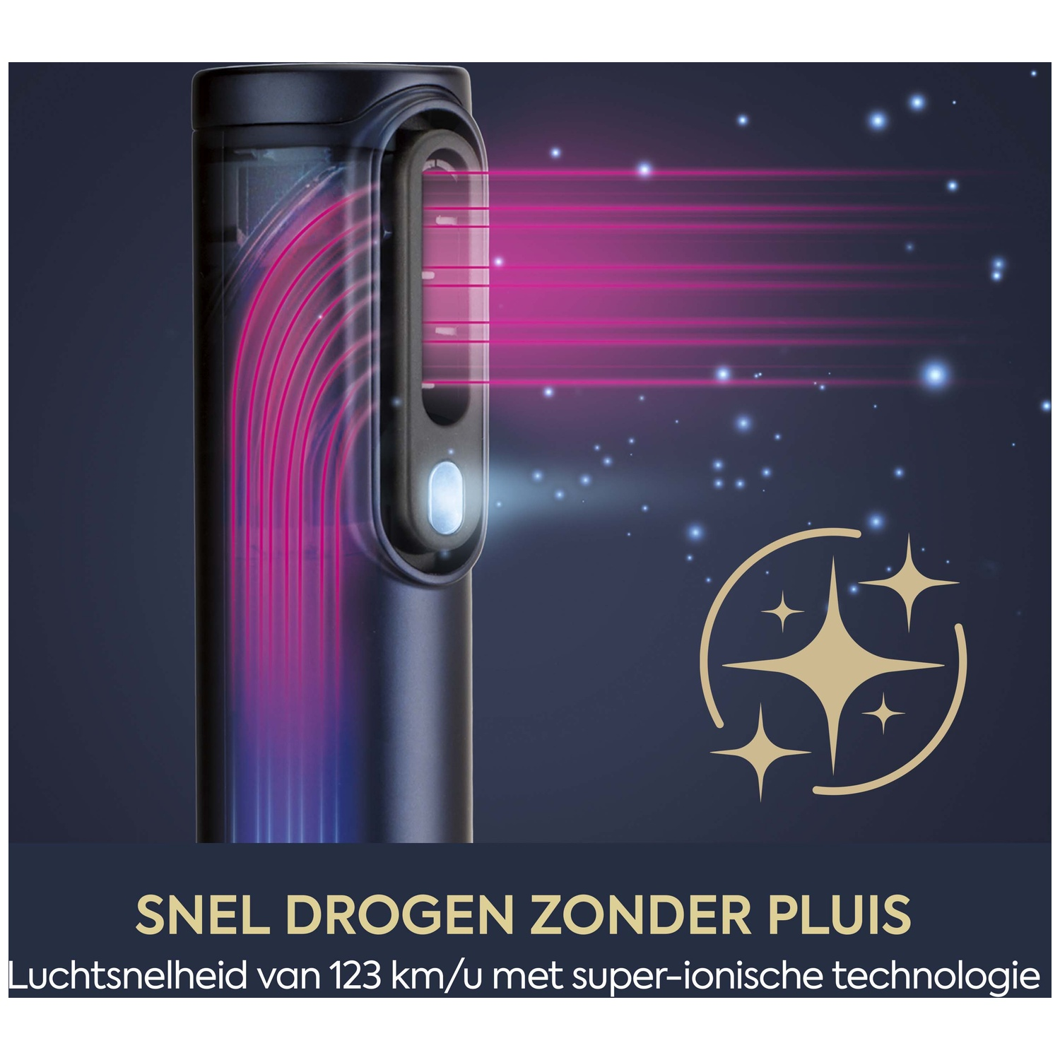 Black hairdryer device with blue-pink light beams and star symbol.
