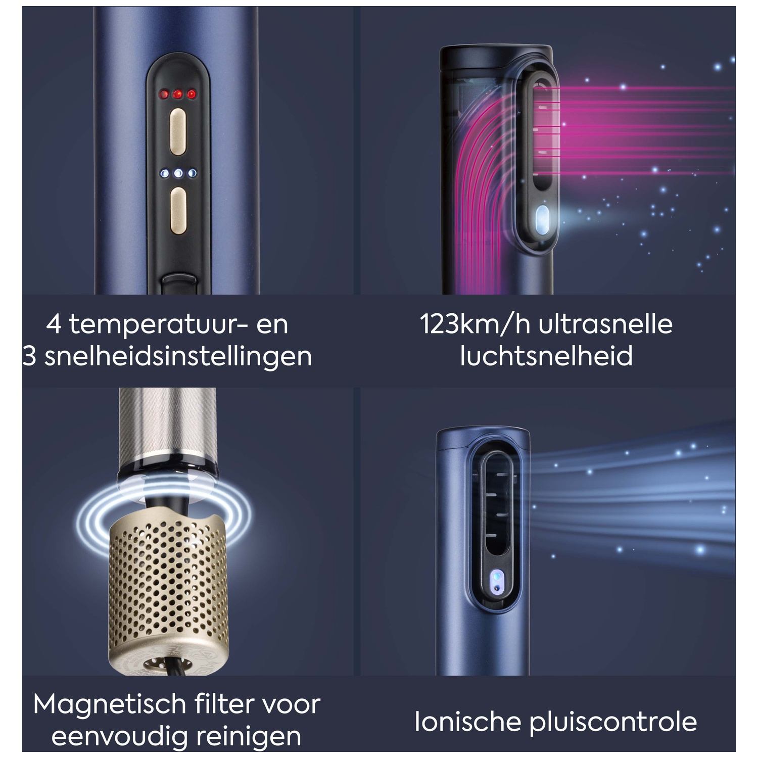 4 temp/speed settings, 123km/h air speed, magnetic filter, ionic frizz control.