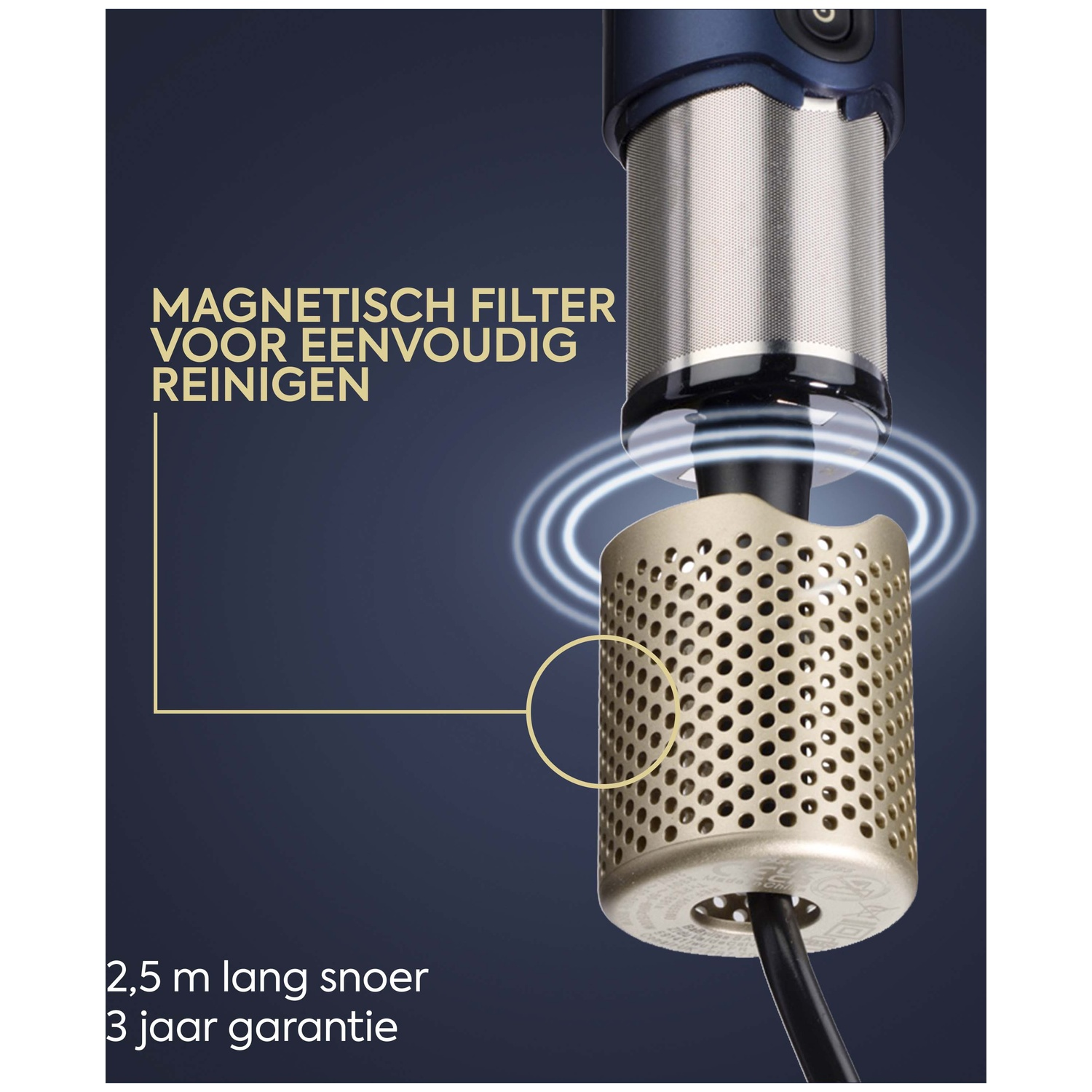 A hand blender with a magnetic filter for easy cleaning and a 2.5m cord.