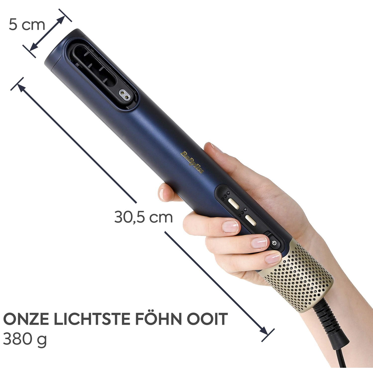 Hand holds blue hairdryer with gold grille, 30.5 cm long.