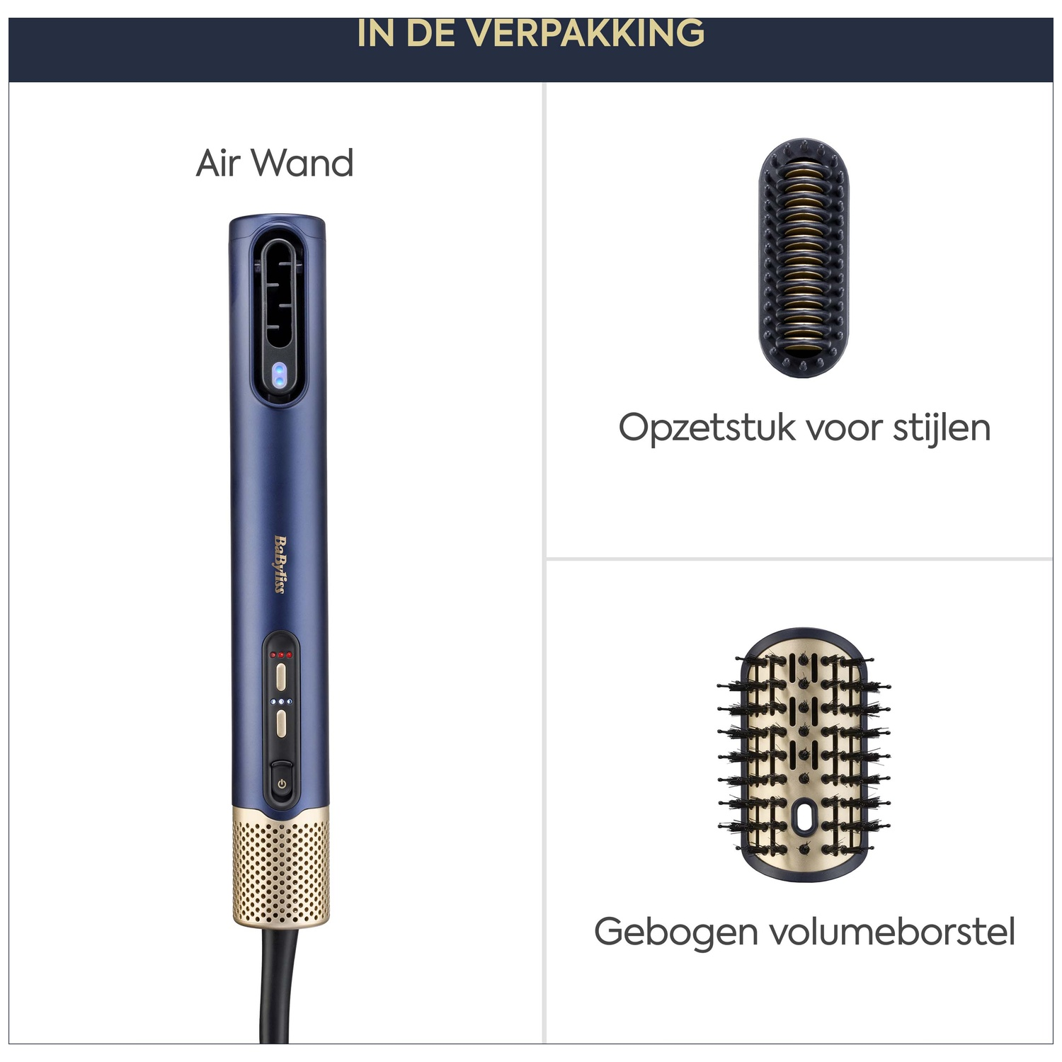Blue air wand with gold accents, a straightening attachment, and a volumizing brush.