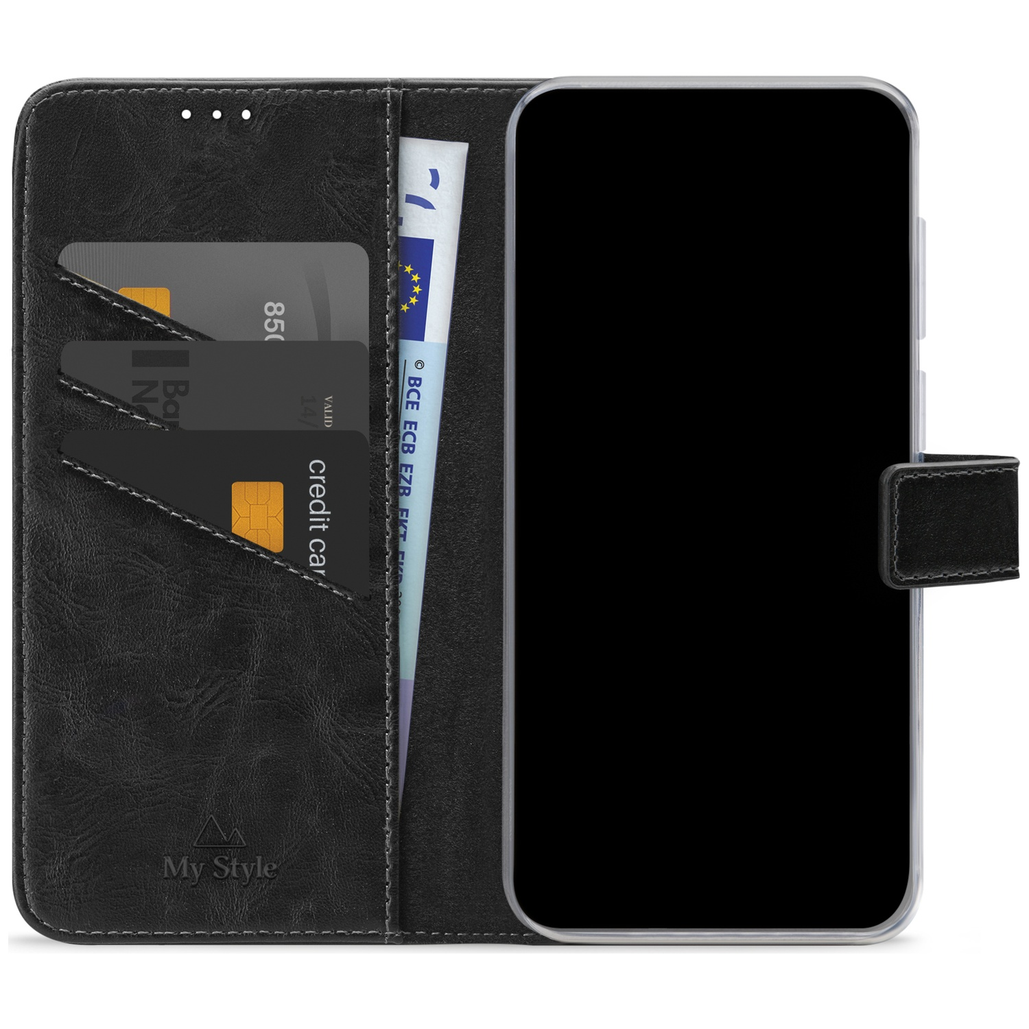 Étui portefeuille noir avec cartes de crédit et billet en euros, ouvert.