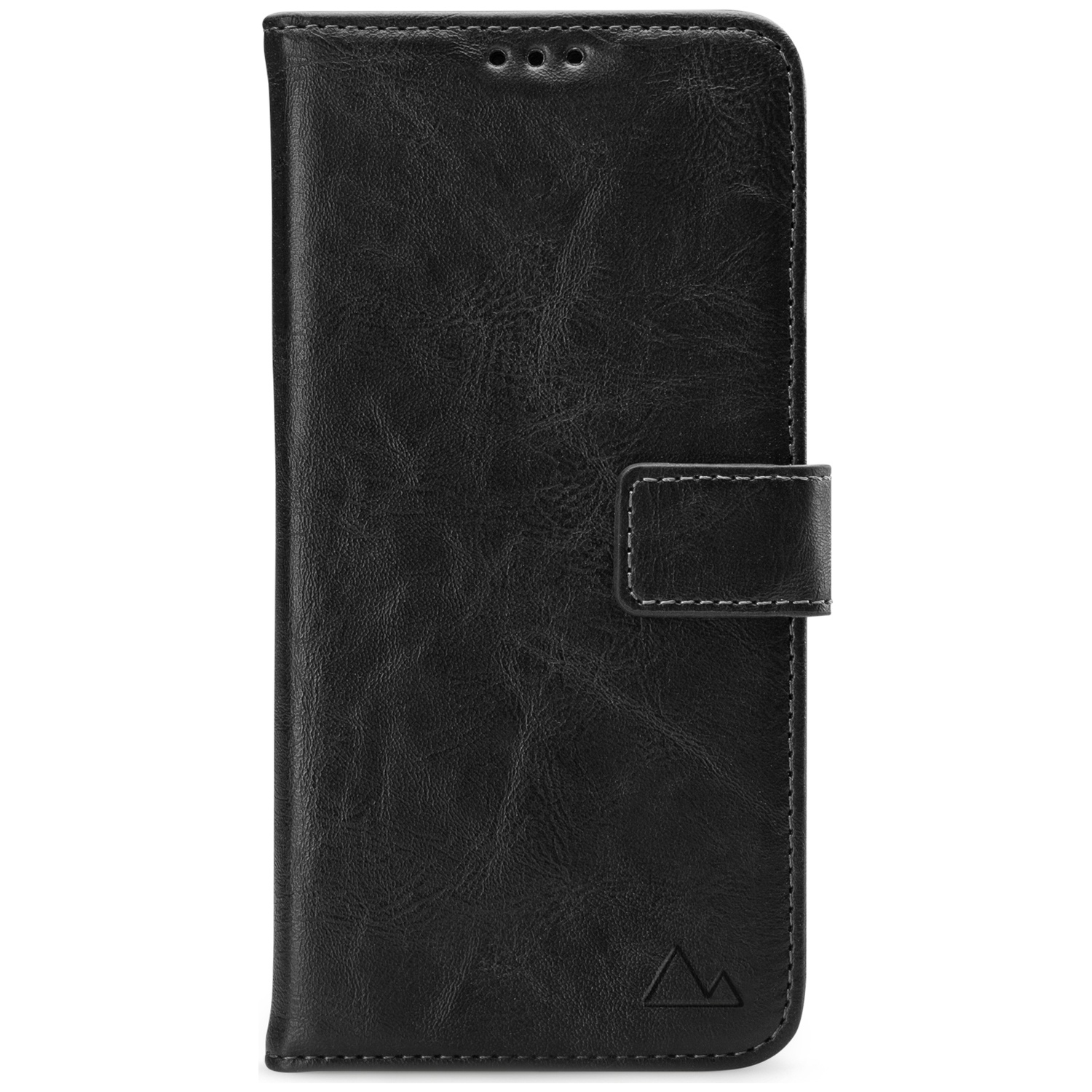 Coque de téléphone en cuir noir avec fermoir magnétique et coutures.
