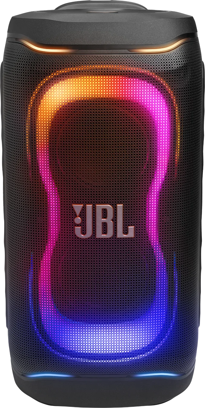 Fekete JBL hangszóró élénk narancs, rózsaszín és kék pulzáló RGB fényekkel.