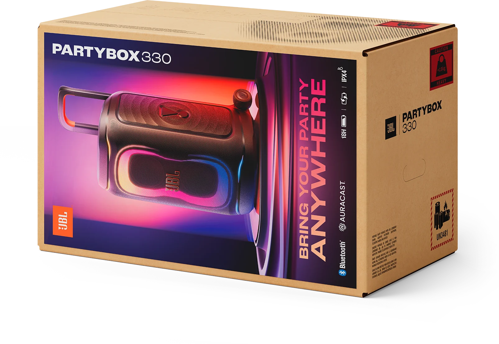 JBL Partybox 330 hangszóró színes fényekkel barna kartondobozon.