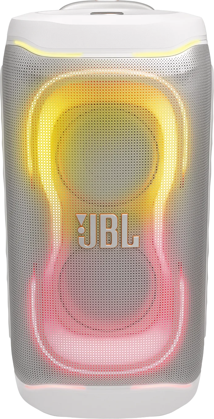 Fehér JBL hangszóró világító sárga és piros fényekkel.