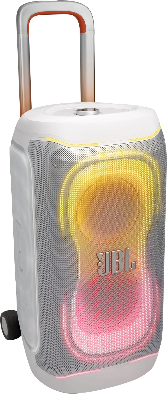 Fehér JBL hangszóró kerekekkel, kihúzható fogantyúval, sárga/rózsaszín fényekkel.