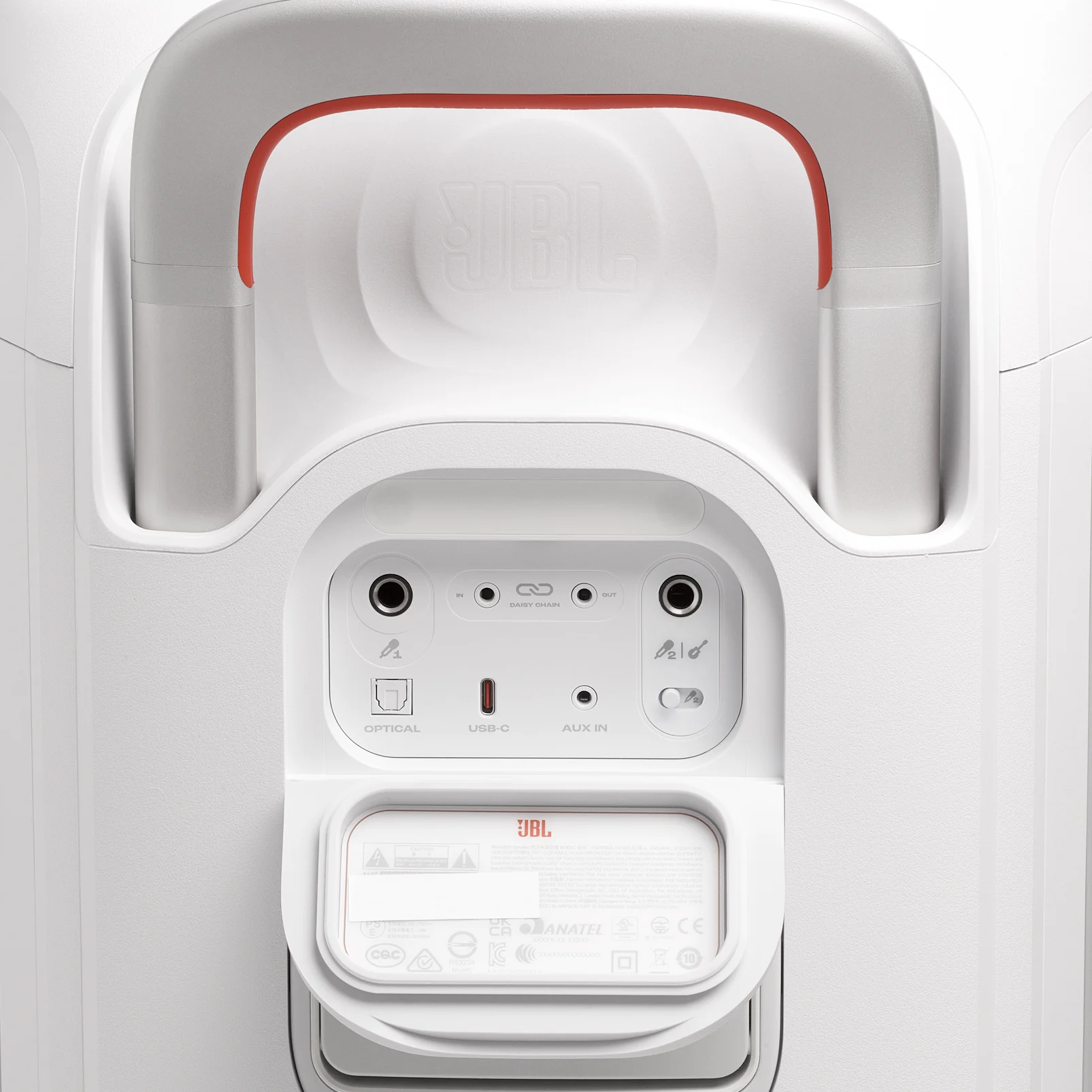 Fehér JBL hangszóró hátulja: Optical, USB-C és Aux In csatlakozókkal.
