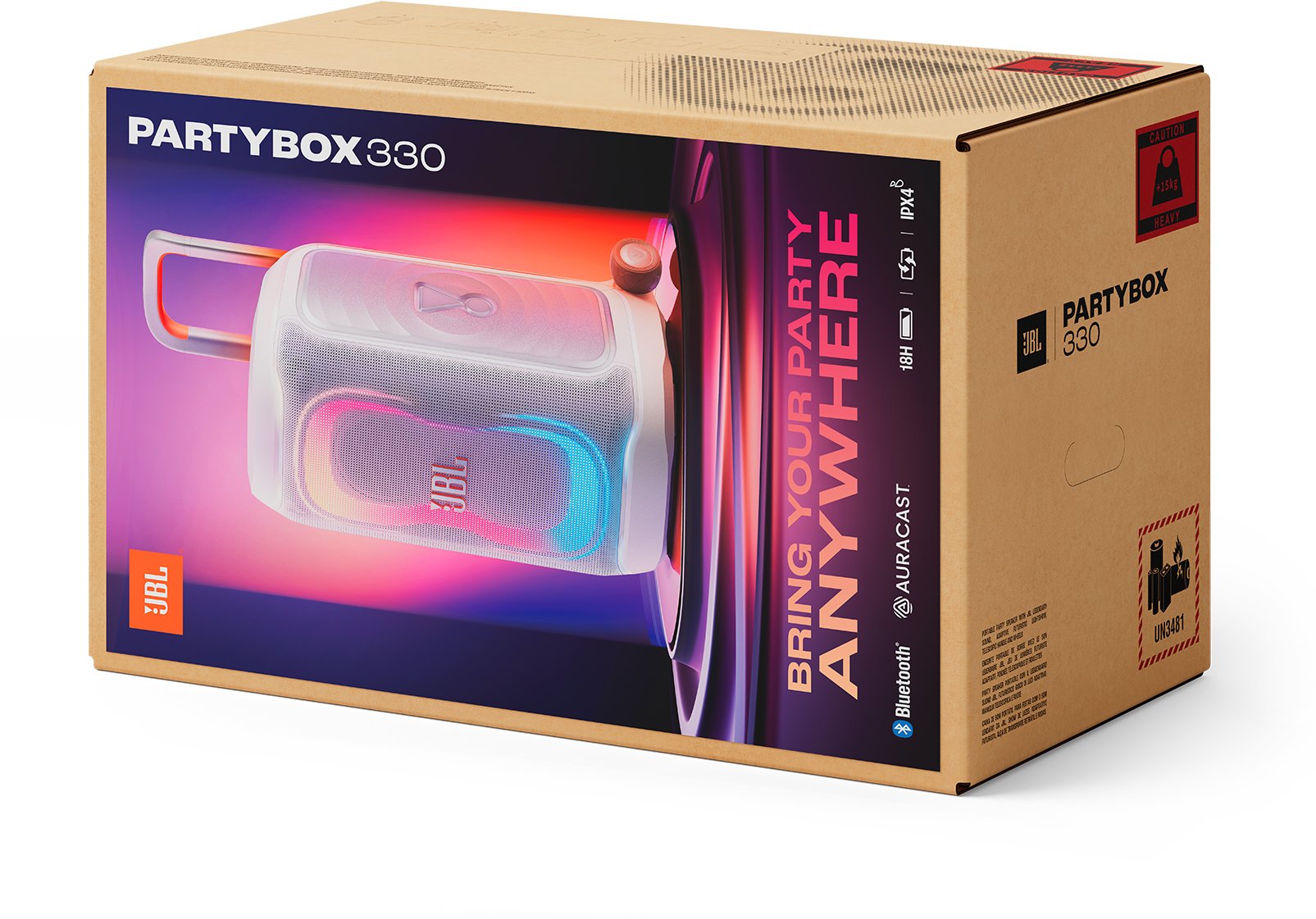 JBL PartyBox 330 hangszóró csomagolás színes fényekkel és fogantyúval.