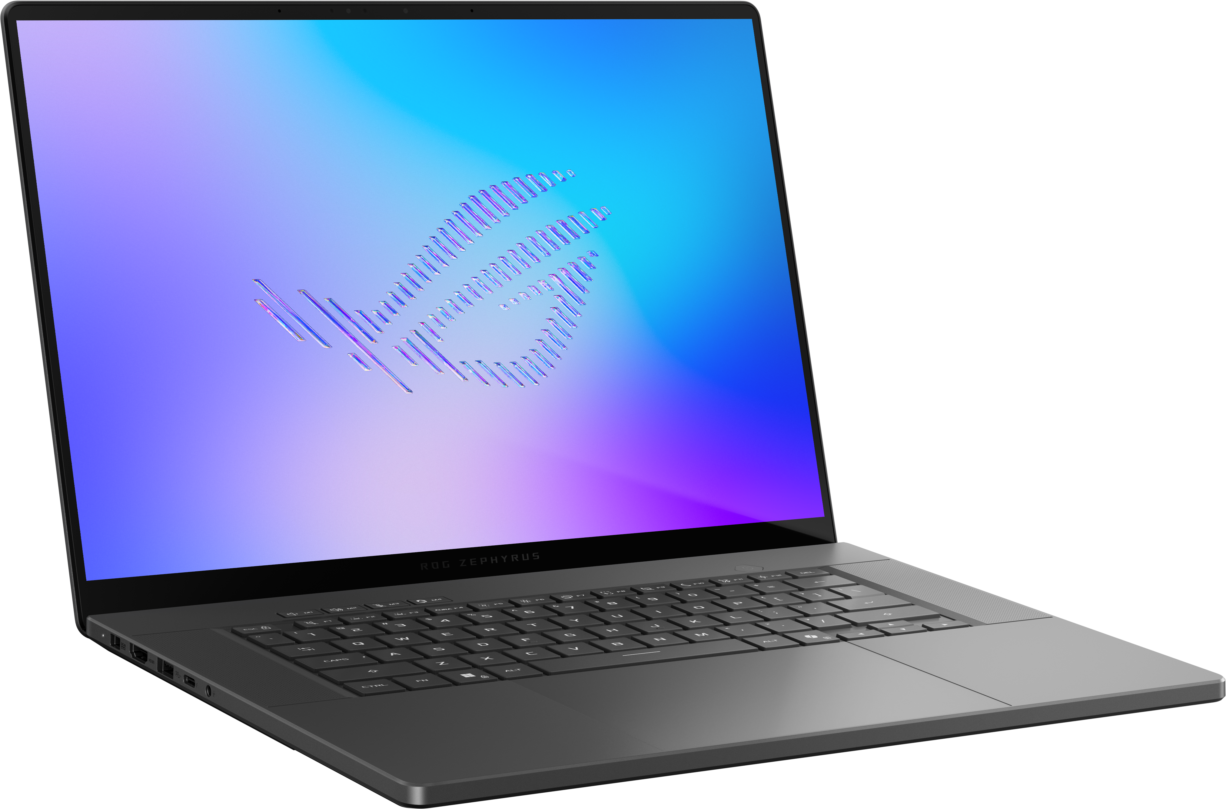 Un ordinateur portable Asus ROG Zephyrus gris avec un fond bleu-violet et un logo sur l'écran.